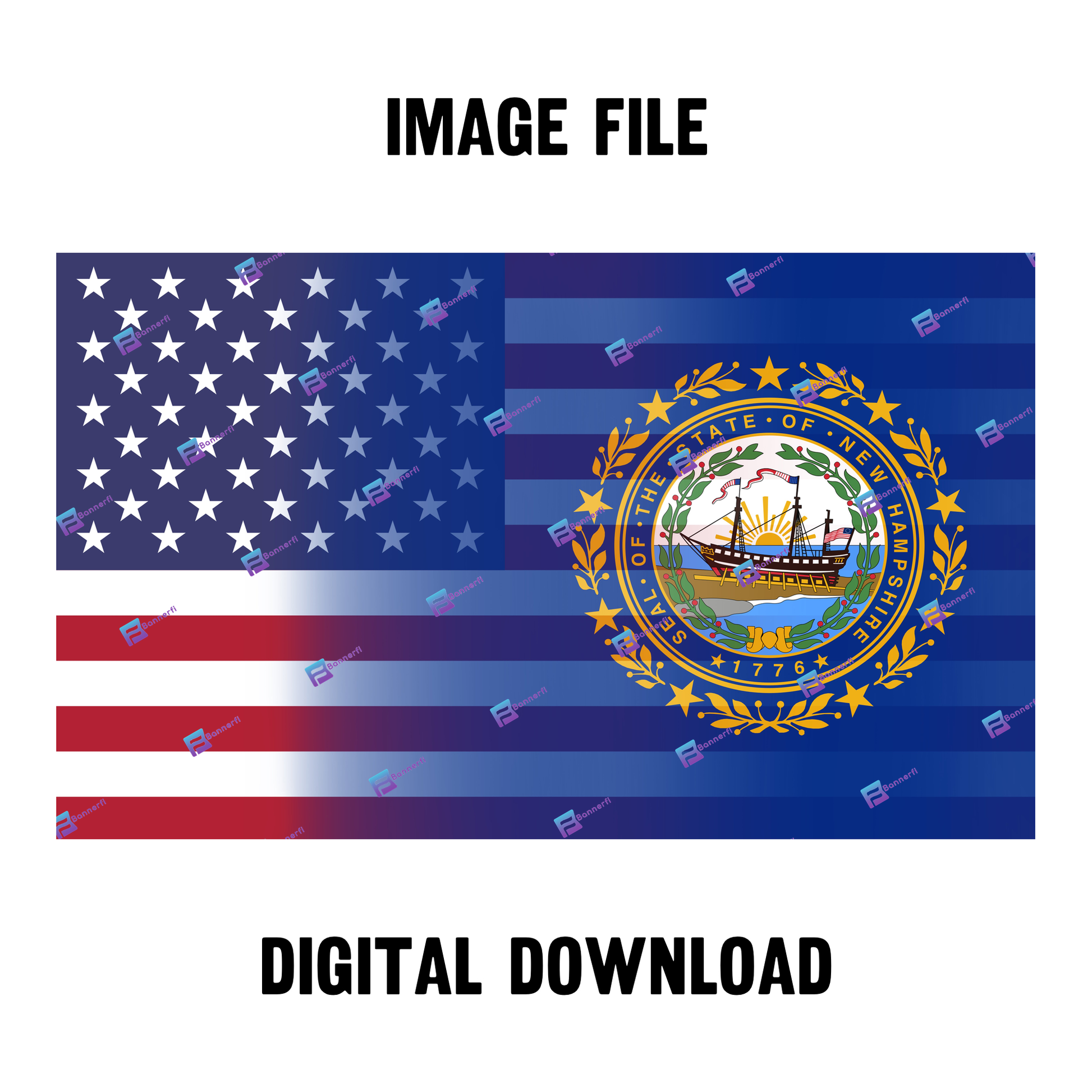 Digital download of a blended US and New Hampshire flag, merging American stars & stripes with New Hampshire’s colors. 