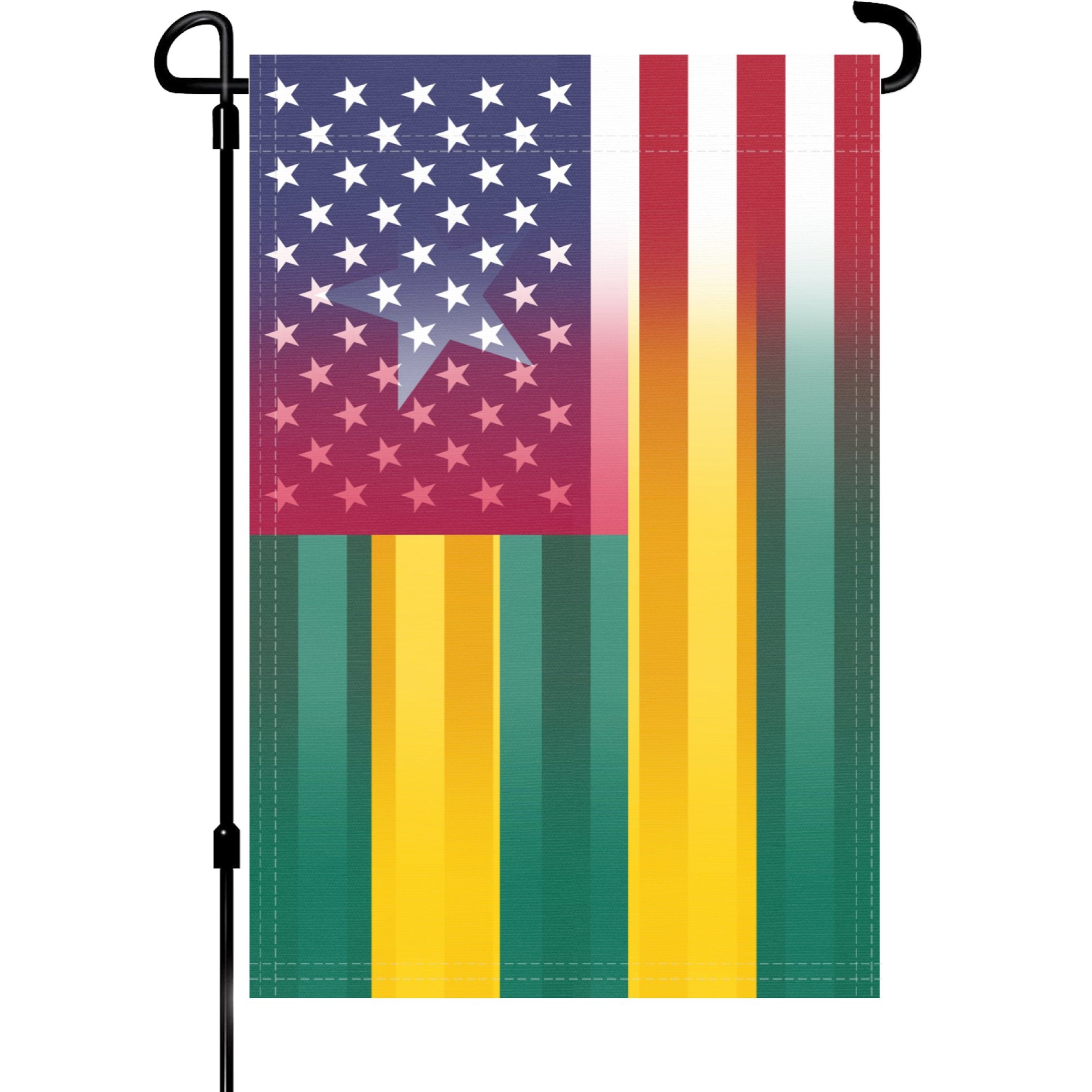 A garden flag on a pole with the Togolese American flag design seamlessly blended with the American flag.