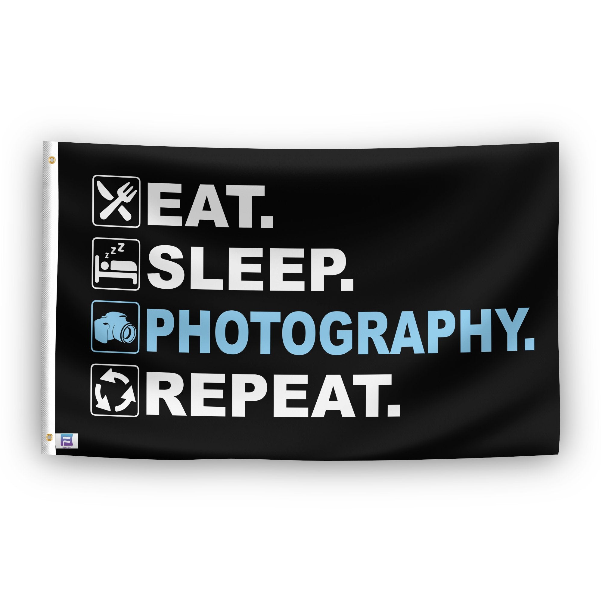 A flag with the saying "Eat Sleep Photography Repeat", with a black, white and themed color scheme.