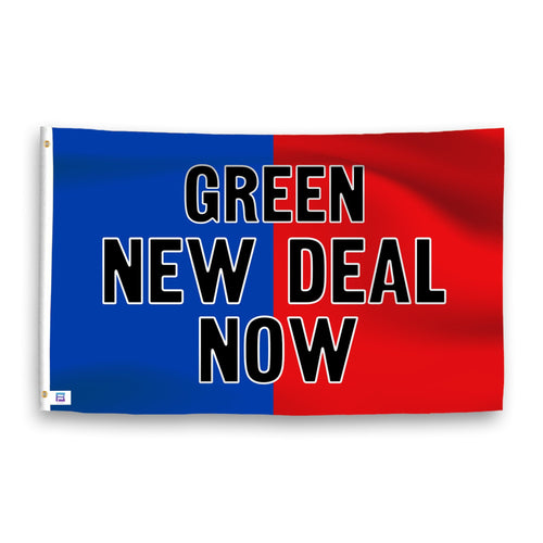 A dual-tone flag containing a political slogan, with a smooth royal blue and deep crimson texture. 