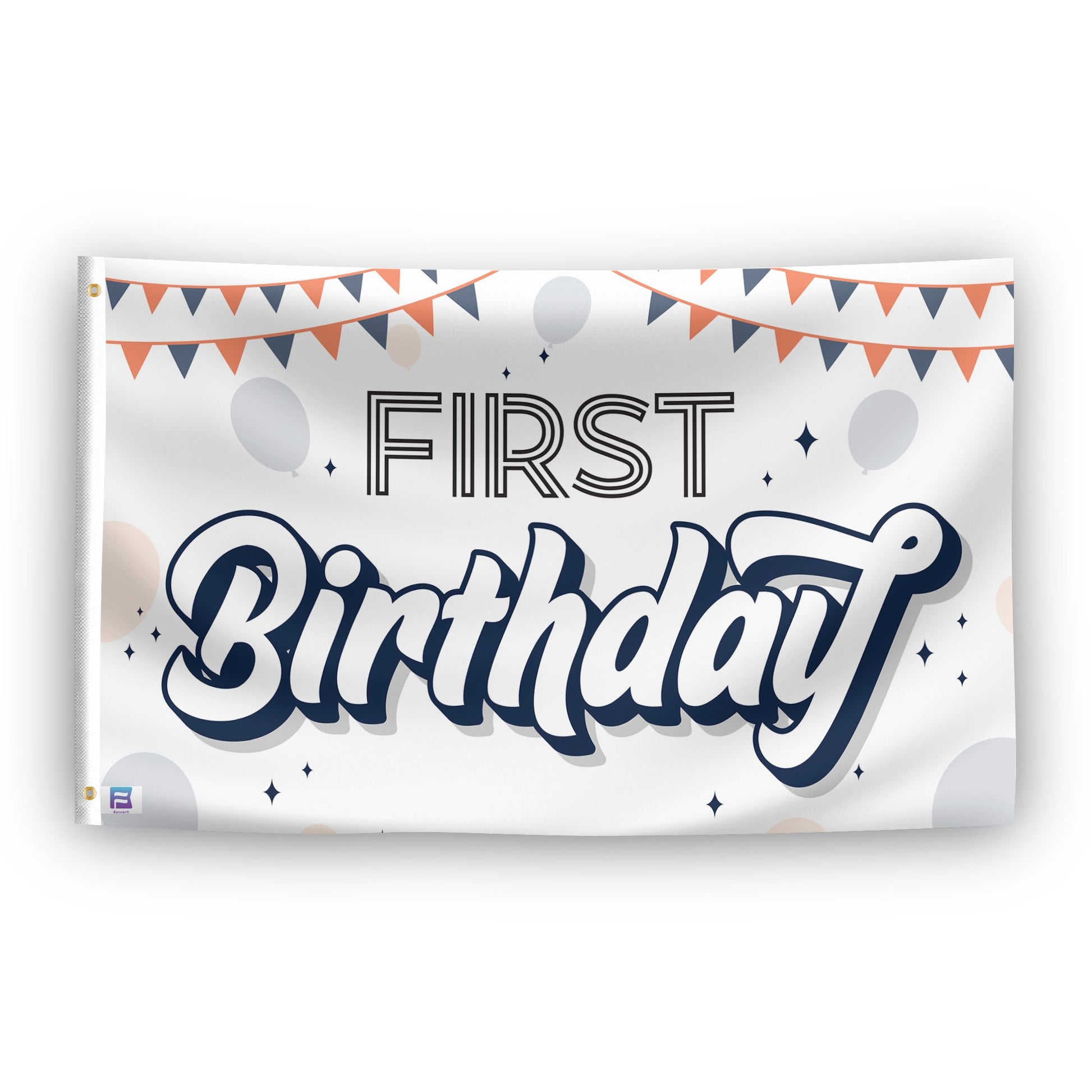 A flag with the saying "First Birthday", with a special occasion color scheme.