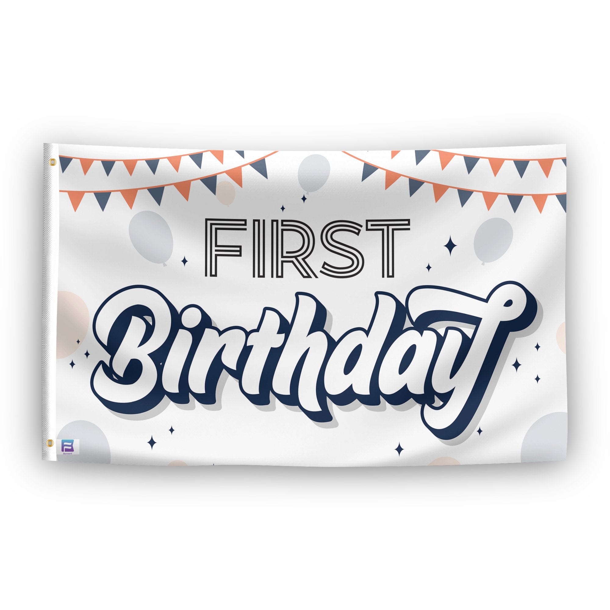 A flag with the saying "First Birthday", with a special occasion color scheme.