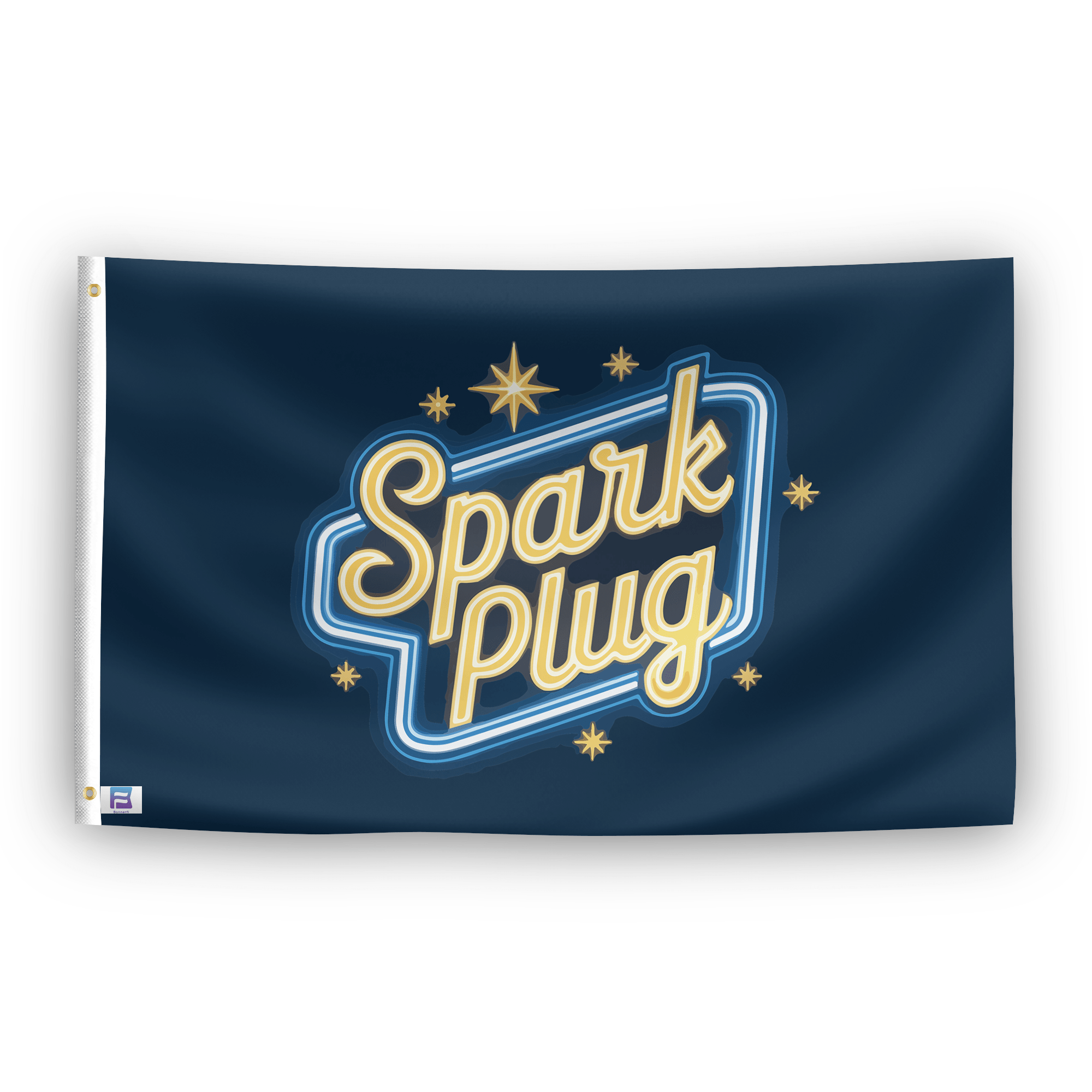 A flag with the saying "Spark Plug", with a neon style color scheme.