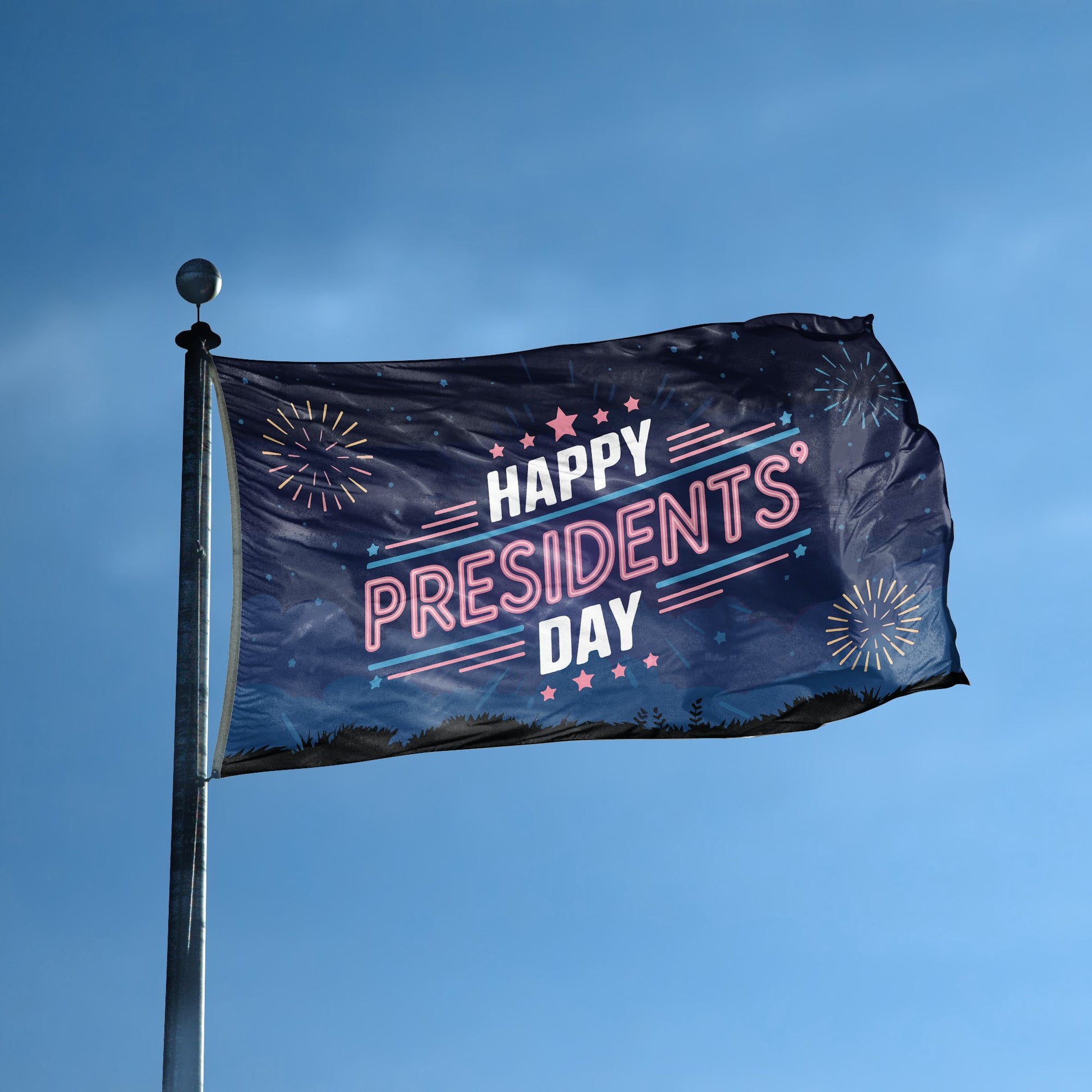 A flag with the saying "Presidents' Day" displayed on a high pole, with a holiday themed color scheme.