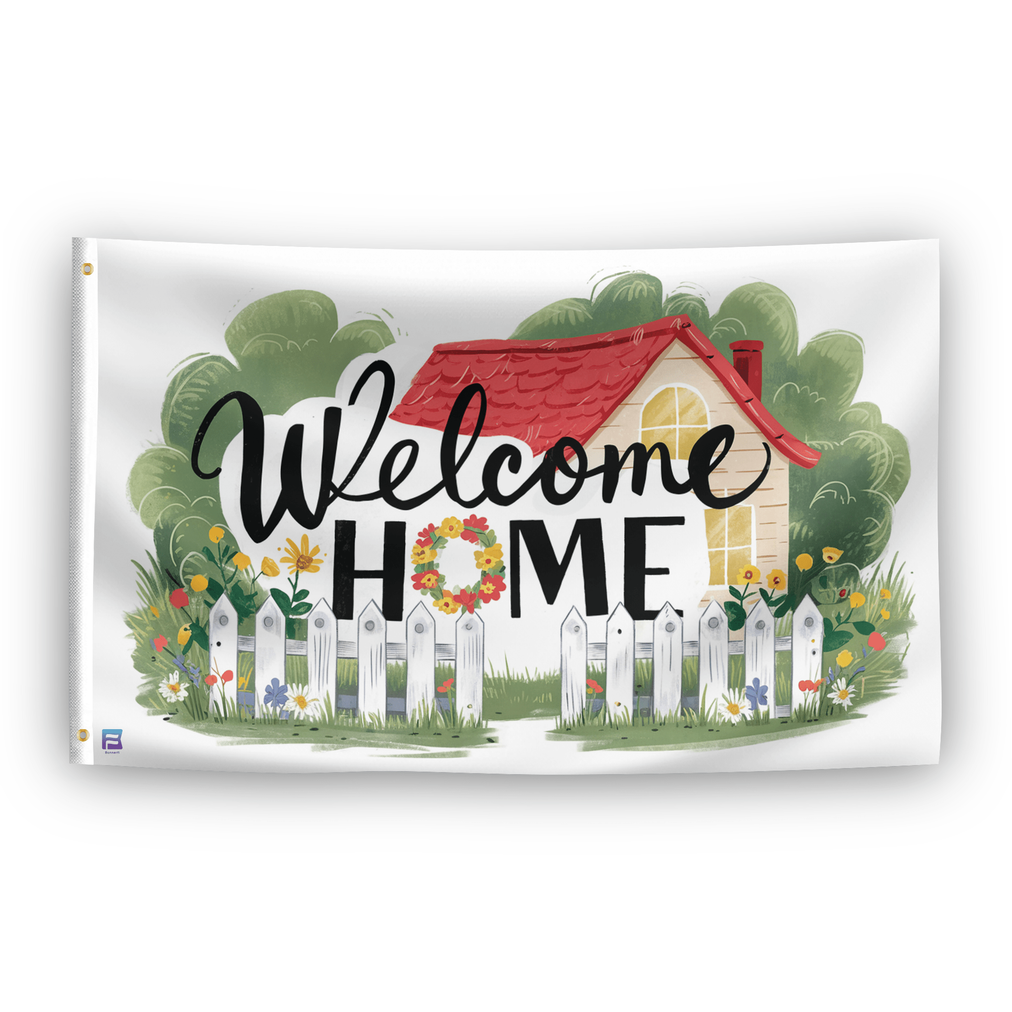 A flag with the saying "Welcome Home House", with a special occasion color scheme.