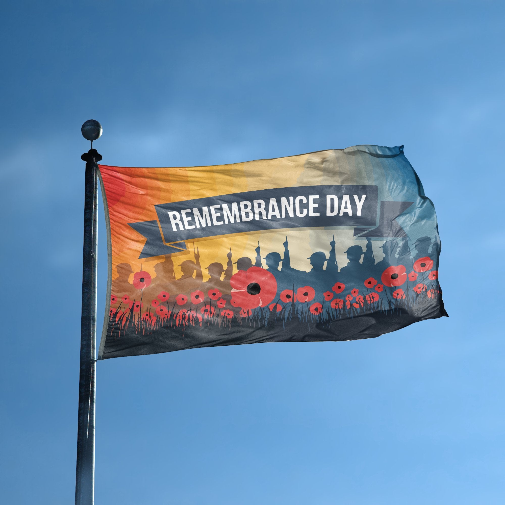 A flag with the saying "Remembrance Day" displayed on a high pole, with a holiday themed color scheme.