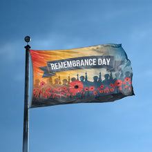 Load image into Gallery viewer, A flag with the saying &quot;Remembrance Day&quot; displayed on a high pole, with a holiday themed color scheme.
