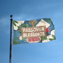 Load image into Gallery viewer, A flag with the saying &quot;Passover Blessings&quot; displayed on a high pole, with a holiday themed color scheme.
