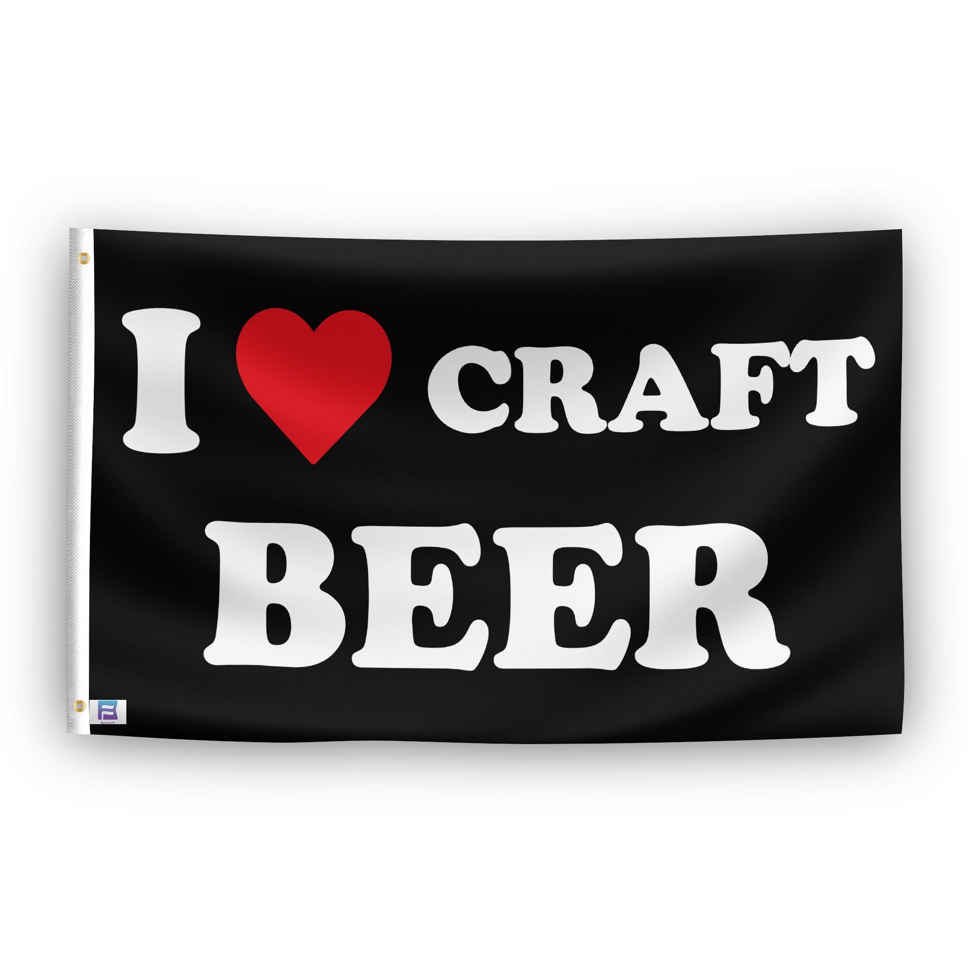 A flag with the saying "I Love Craft Beer", with a black, white and red color scheme.