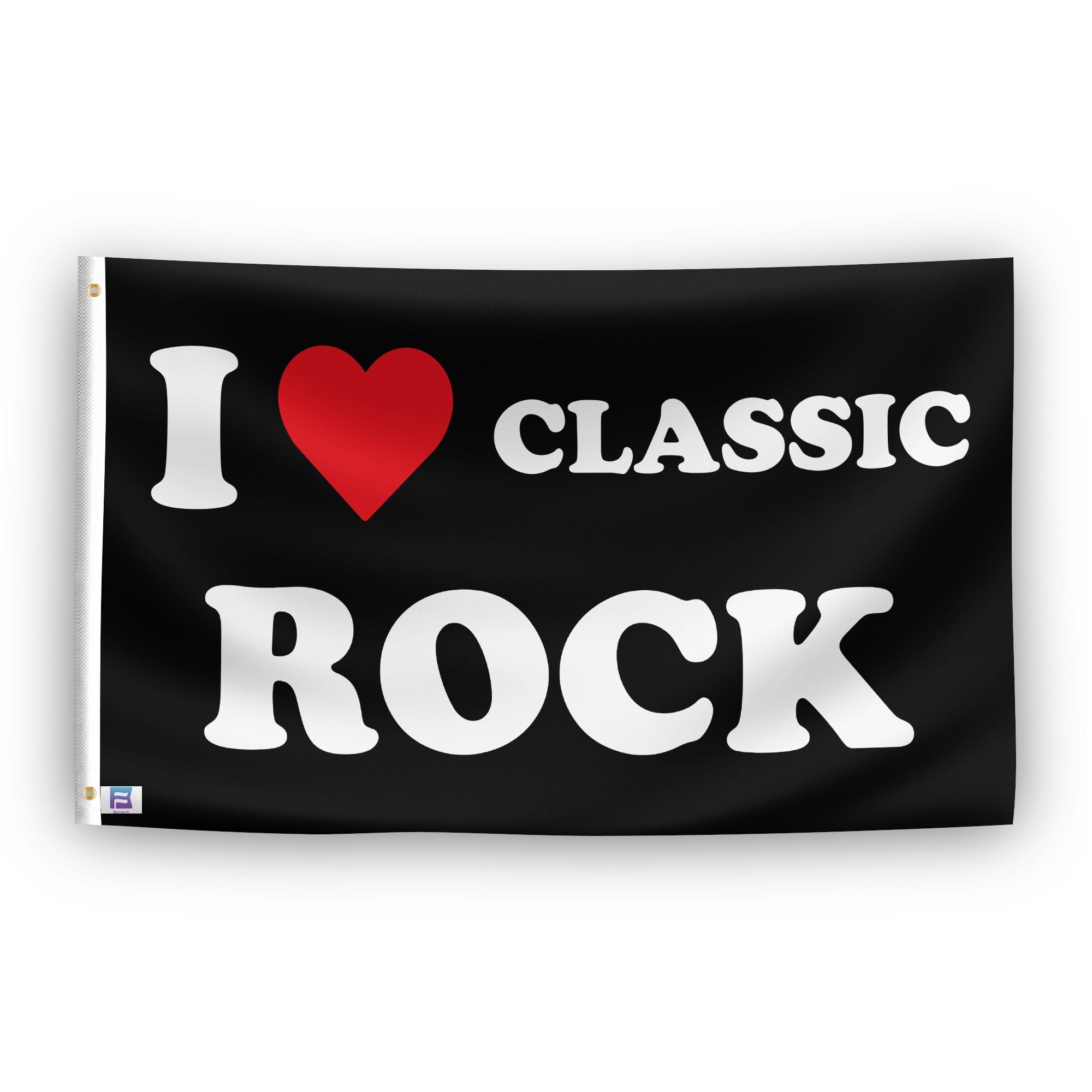 A flag with the saying "I Love Classic Rock", with a black, white and red color scheme.