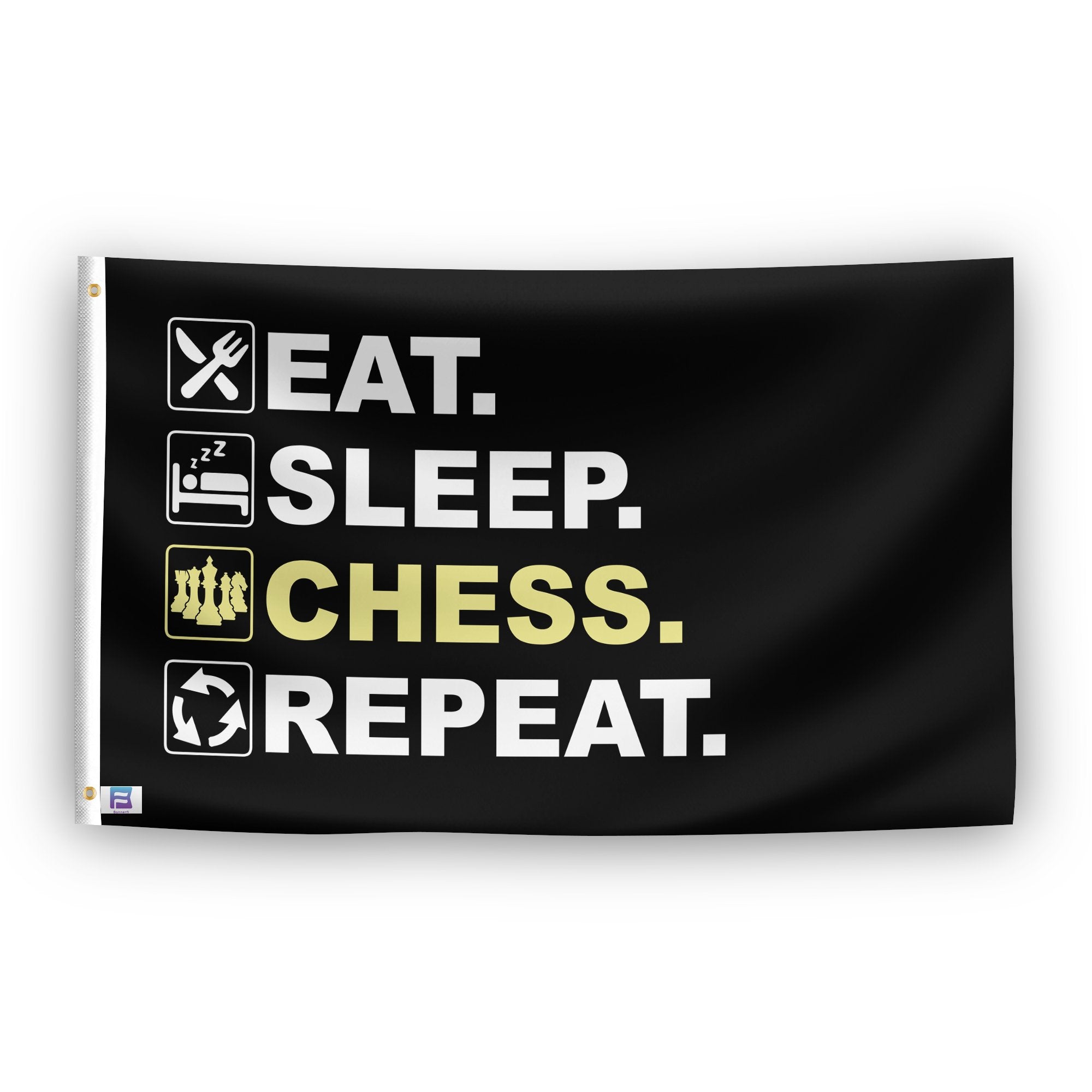 A flag with the saying "Eat Sleep Chess Repeat", with a black, white and themed color scheme.