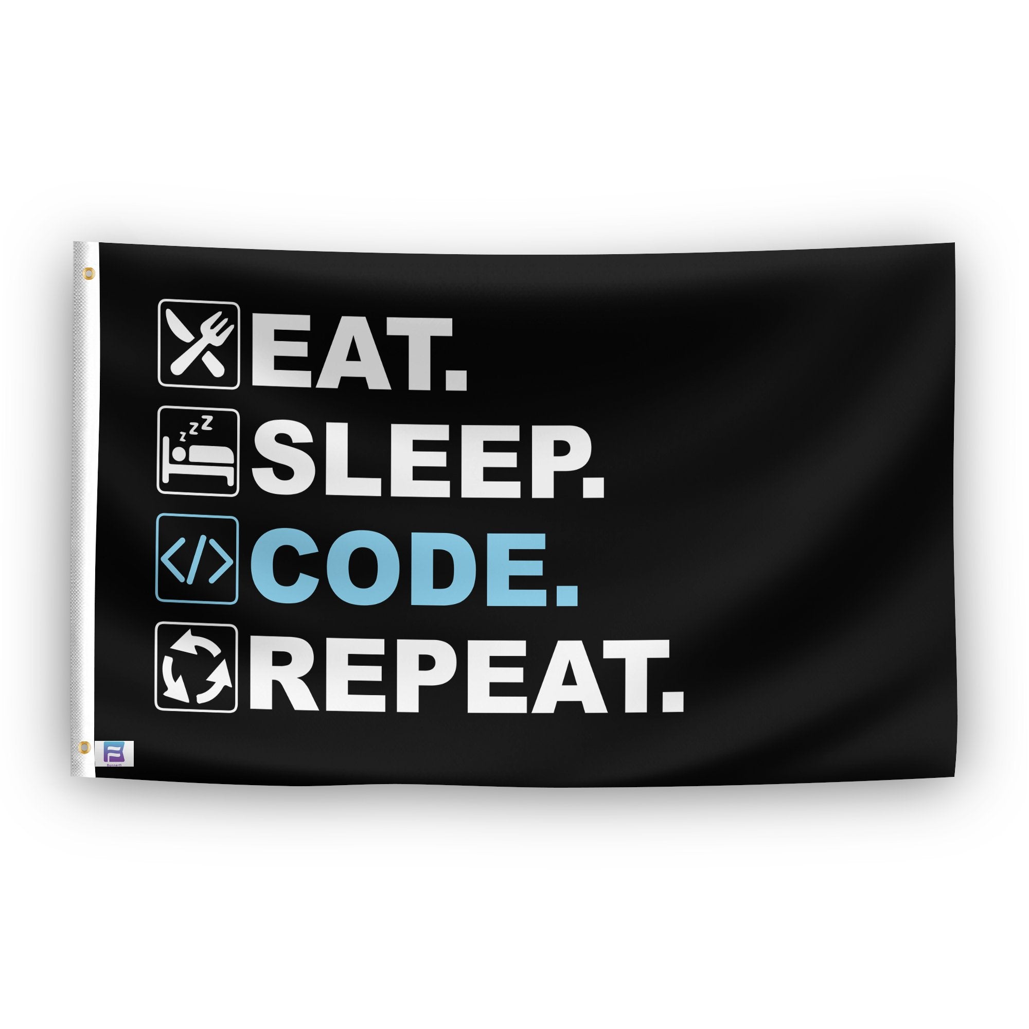 A flag with the saying "Eat Sleep Code Repeat", with a black, white and themed color scheme.