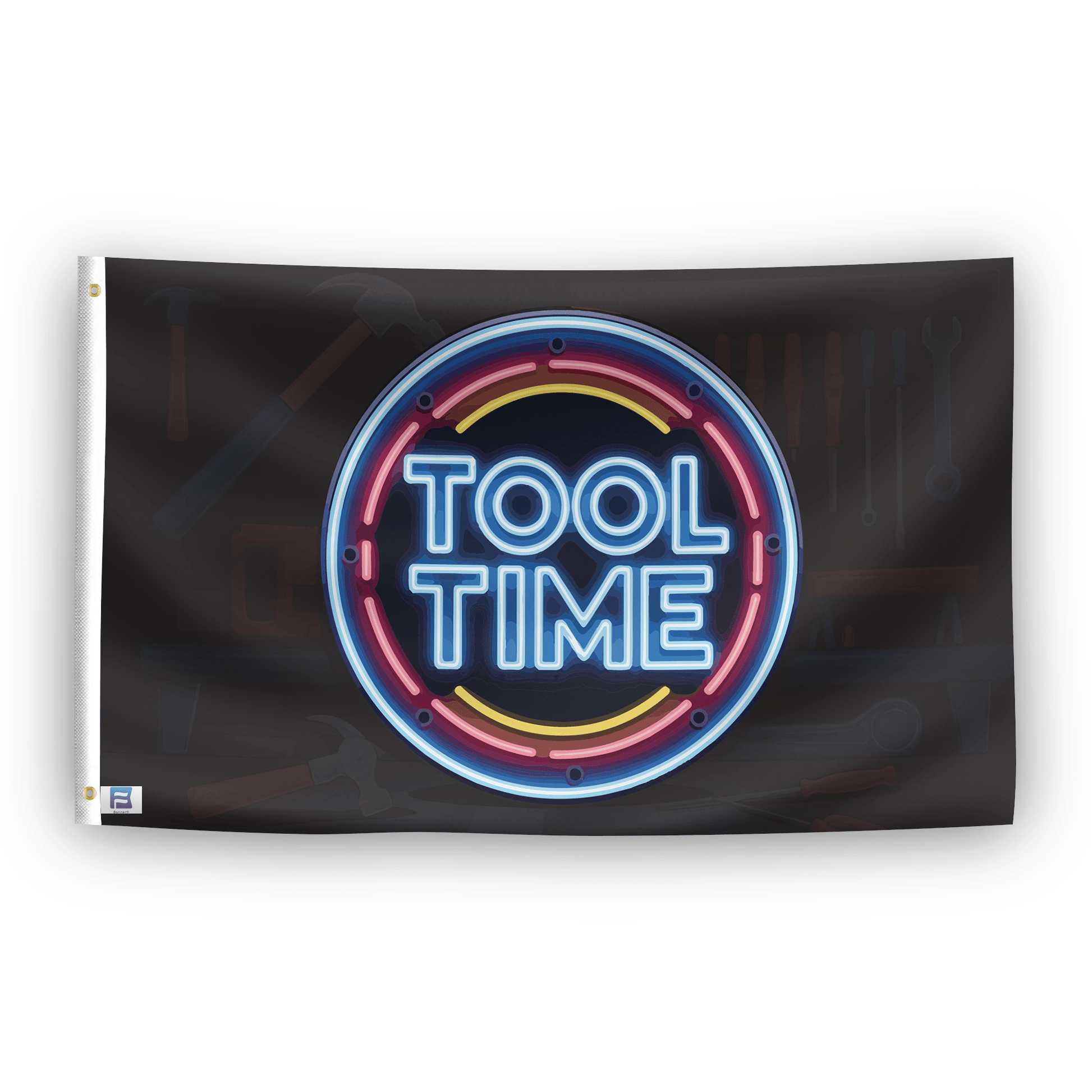 A flag with the saying "Tool Time", with a neon style color scheme.