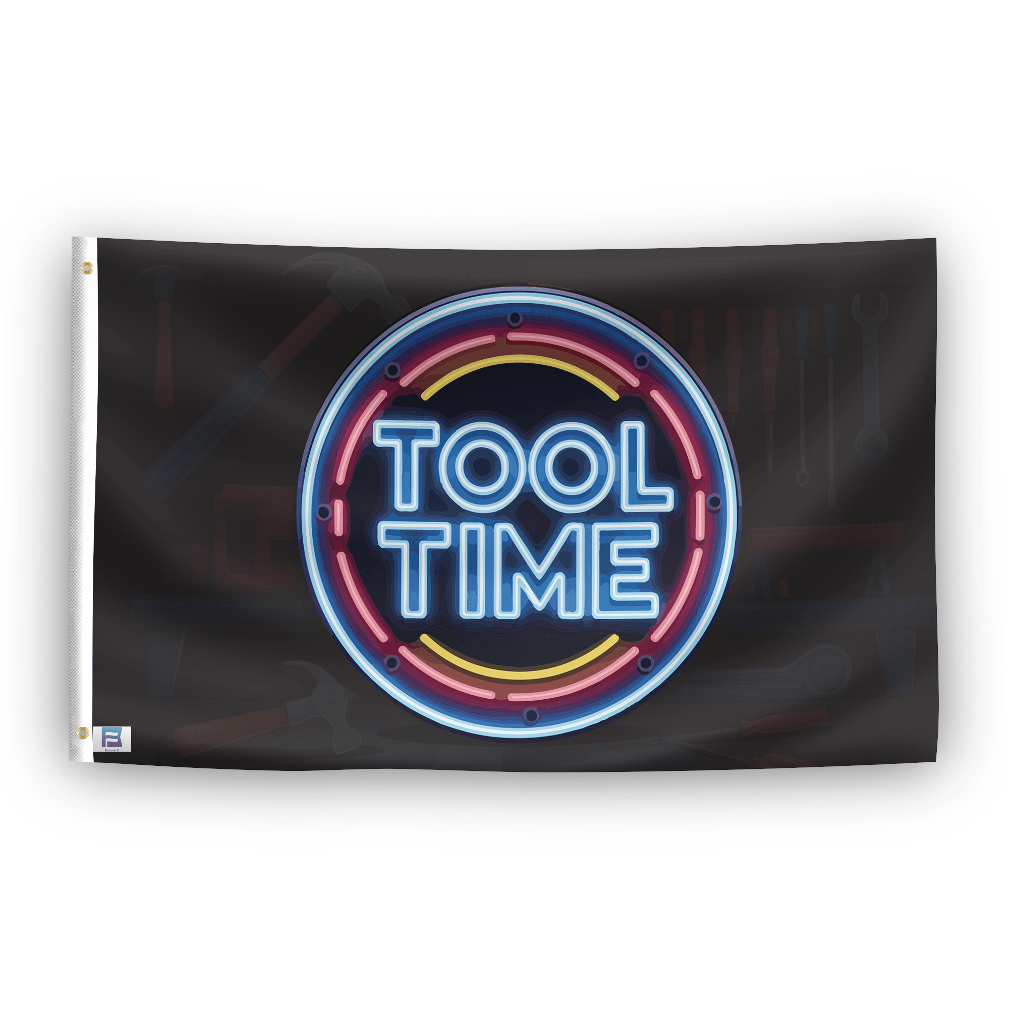 A flag with the saying "Tool Time", with a neon style color scheme.