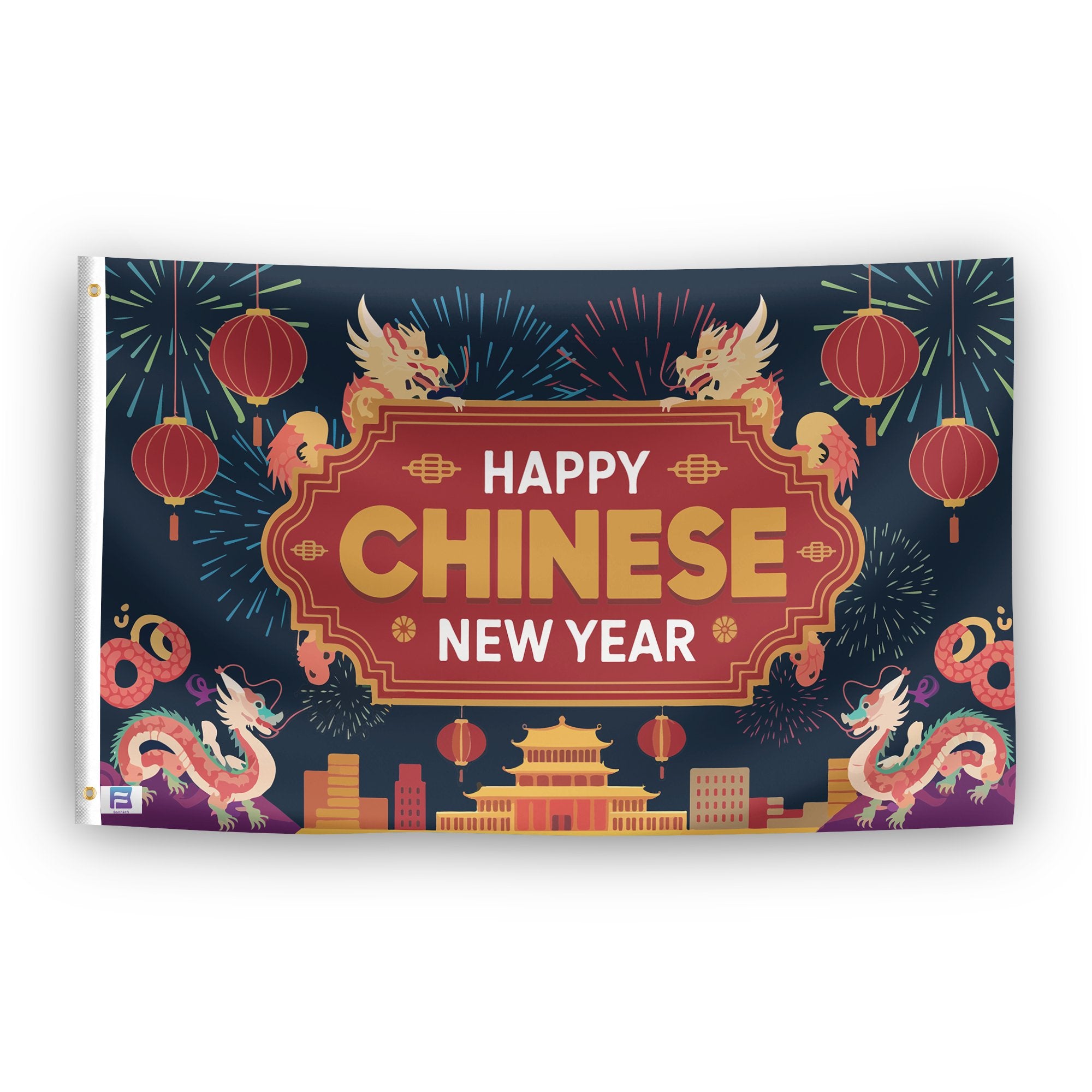 A flag with the saying "Happy Chinese New Year", with a holiday themed color scheme.