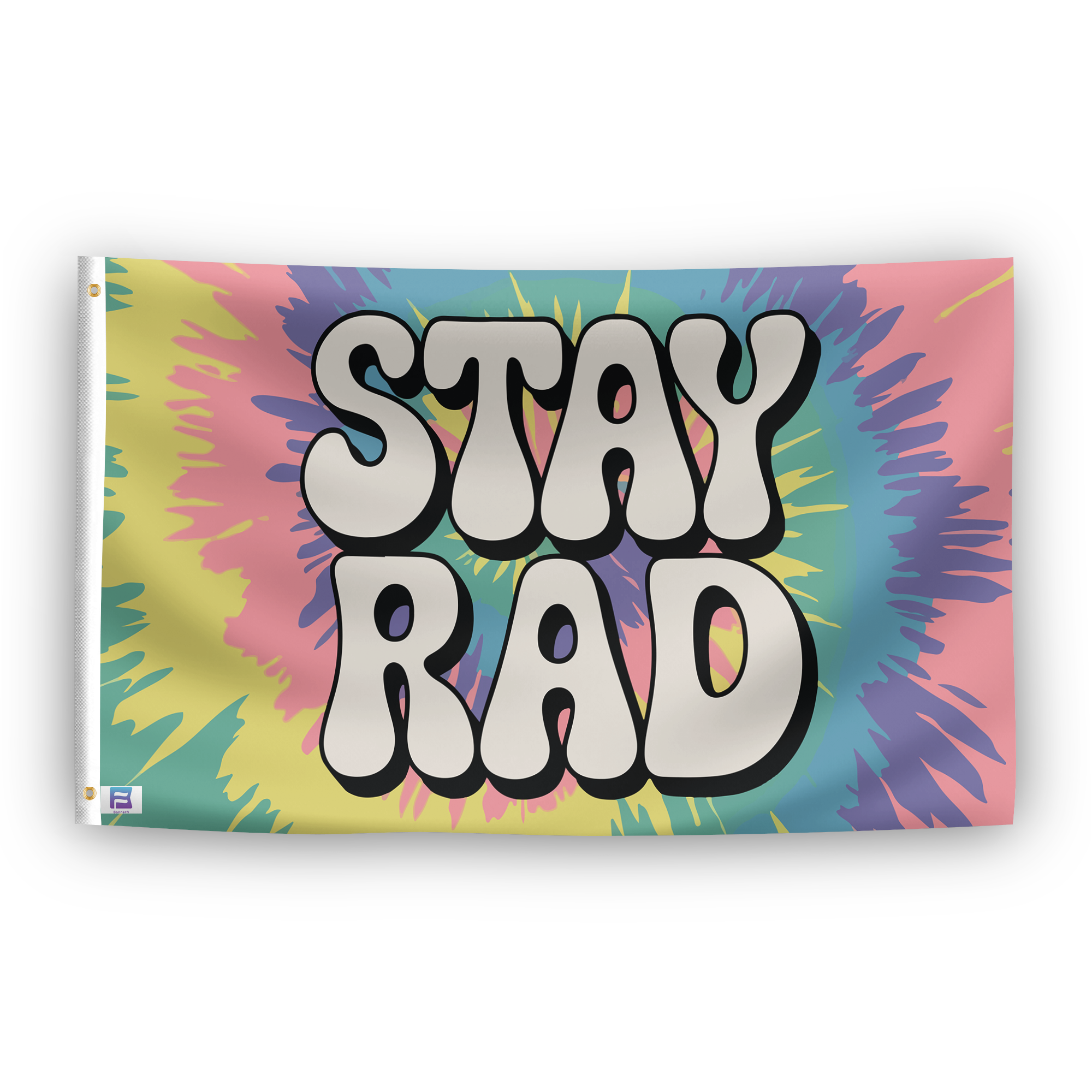 A flag with the saying "Stay Rad", with a tie dye style color scheme.