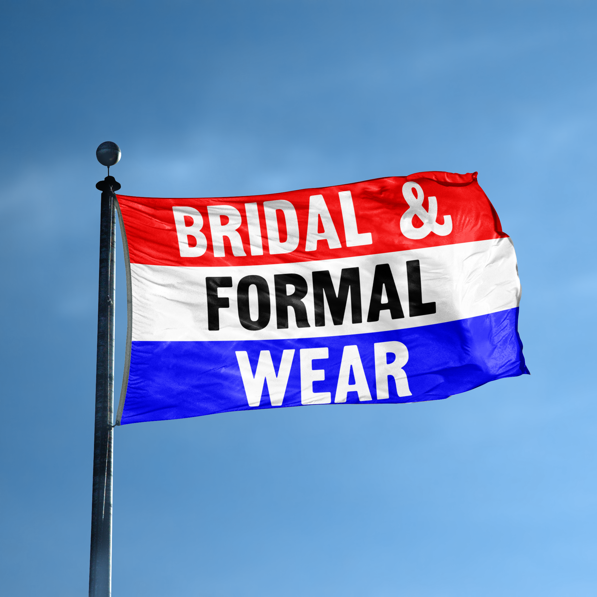 A business banner with the saying "Bridal And Formal Wear" displayed on a high pole, with a red, white, and blue color scheme.