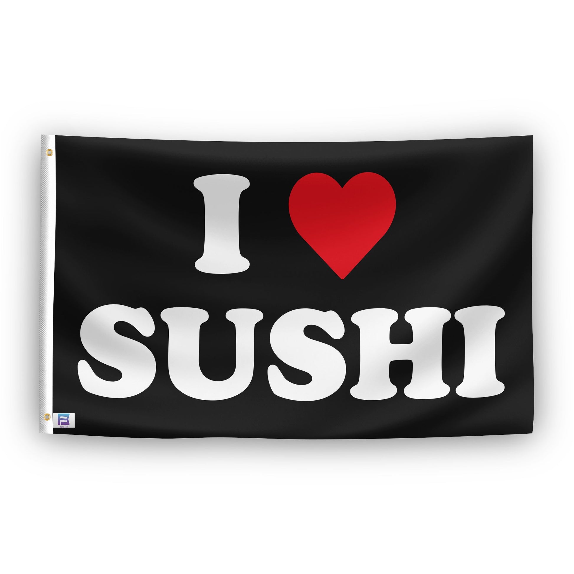 A flag with the saying "I Love Sushi", with a black, white and red color scheme.