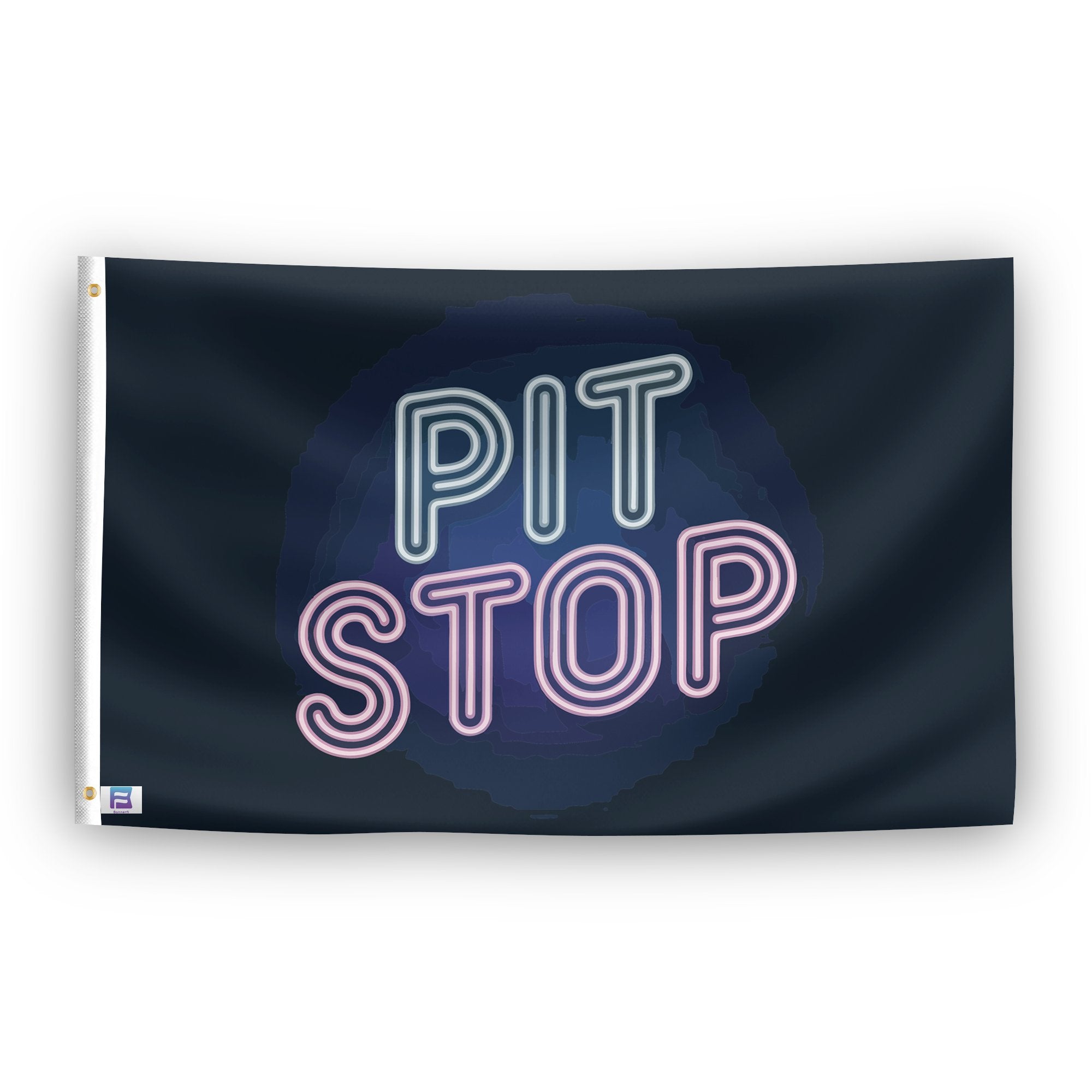 A flag with the saying "Pit Stop", with a neon style color scheme.