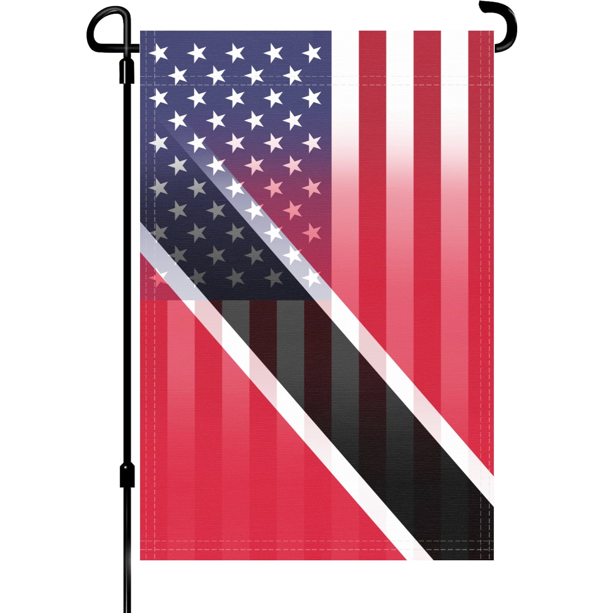 A garden flag on a pole with the Trini American flag design seamlessly blended with the American flag.