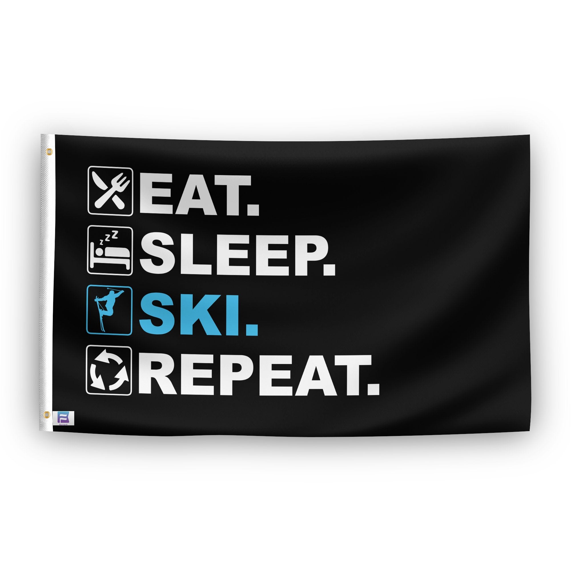 A flag with the saying "Eat Sleep Ski Repeat", with a black, white and themed color scheme.