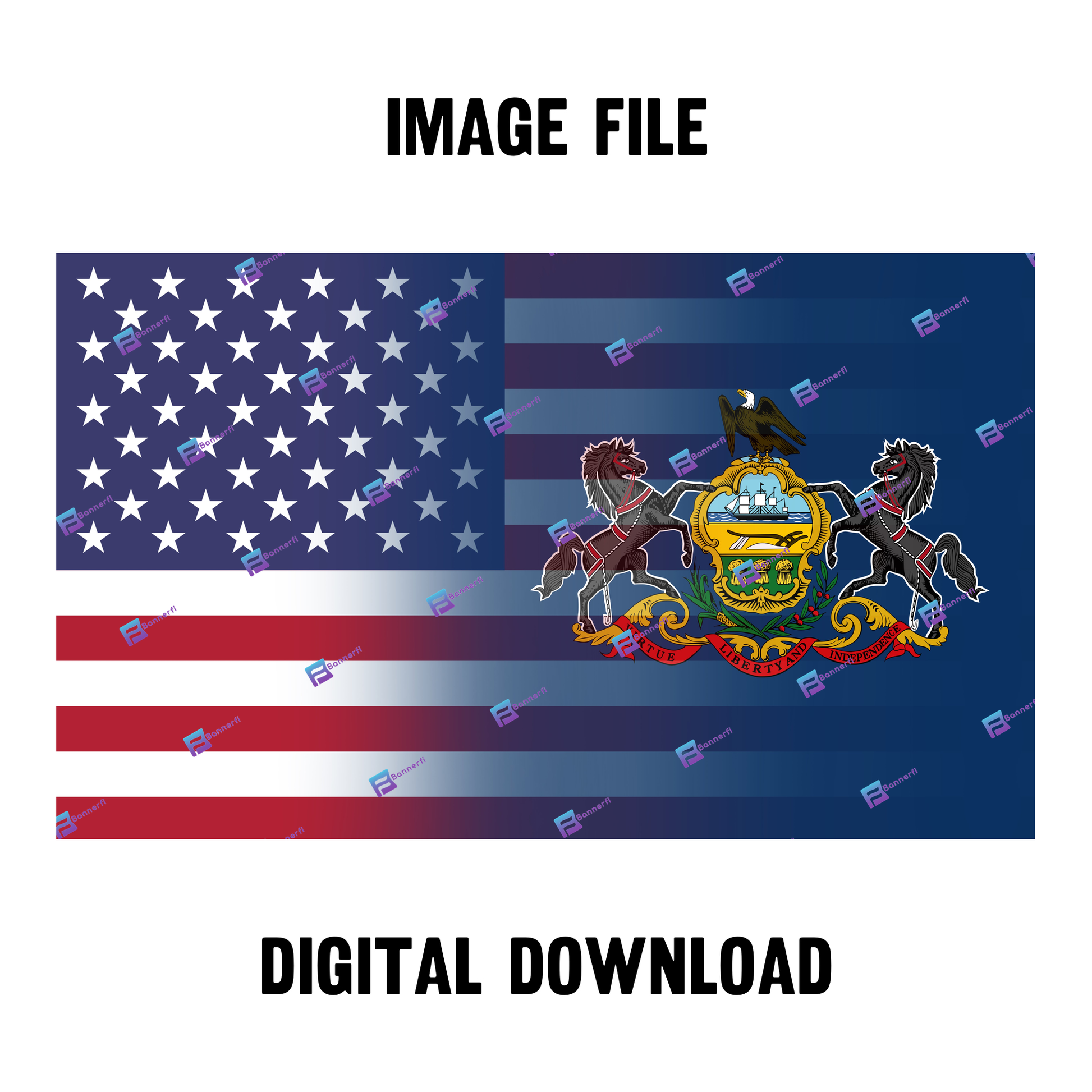 Digital download of a blended US and Pennsylvania flag, merging American stars & stripes with Pennsylvania’s colors. 