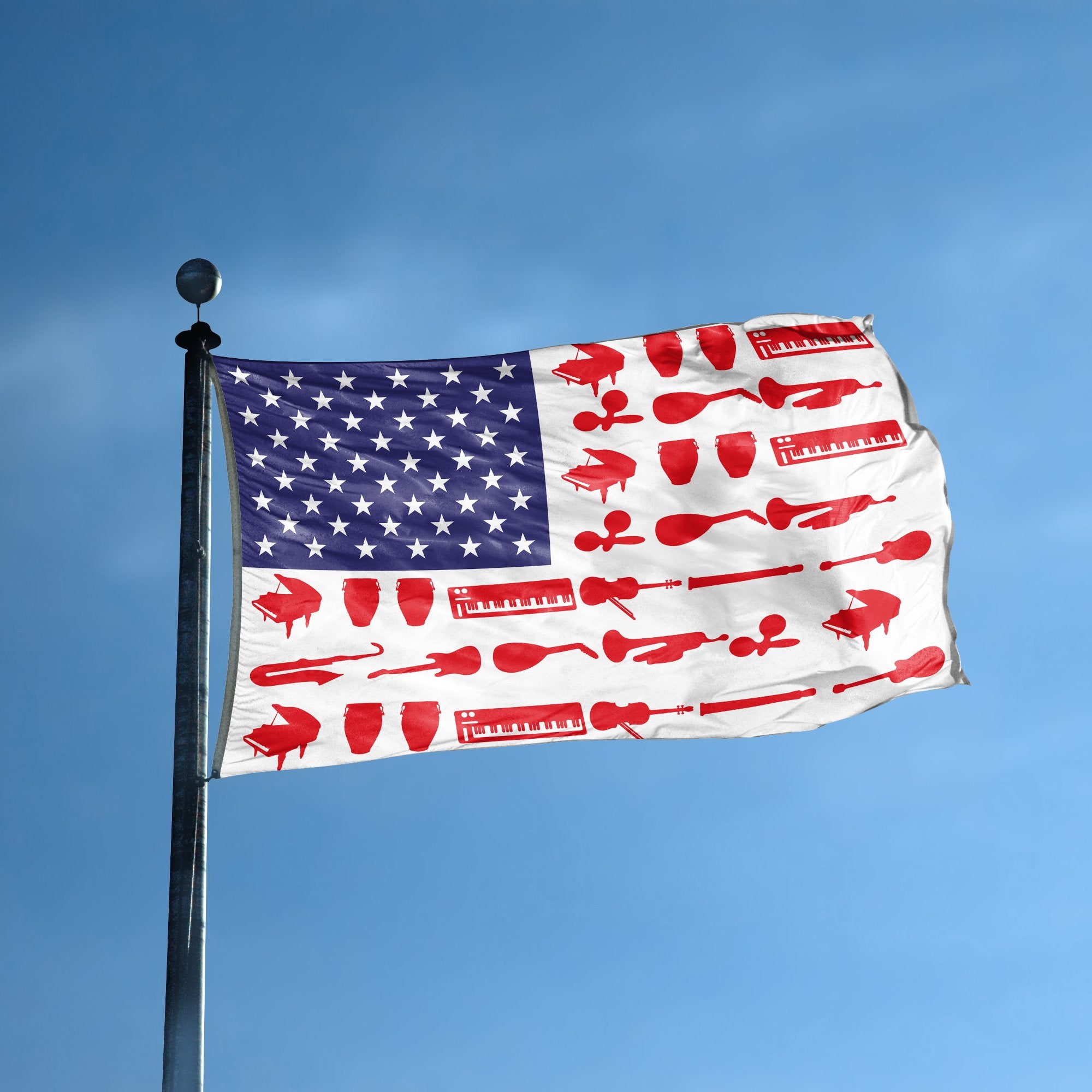 An american flag with the red stripes changed to match the theme "Musical Instruments Stripes American" displayed on a high pole.