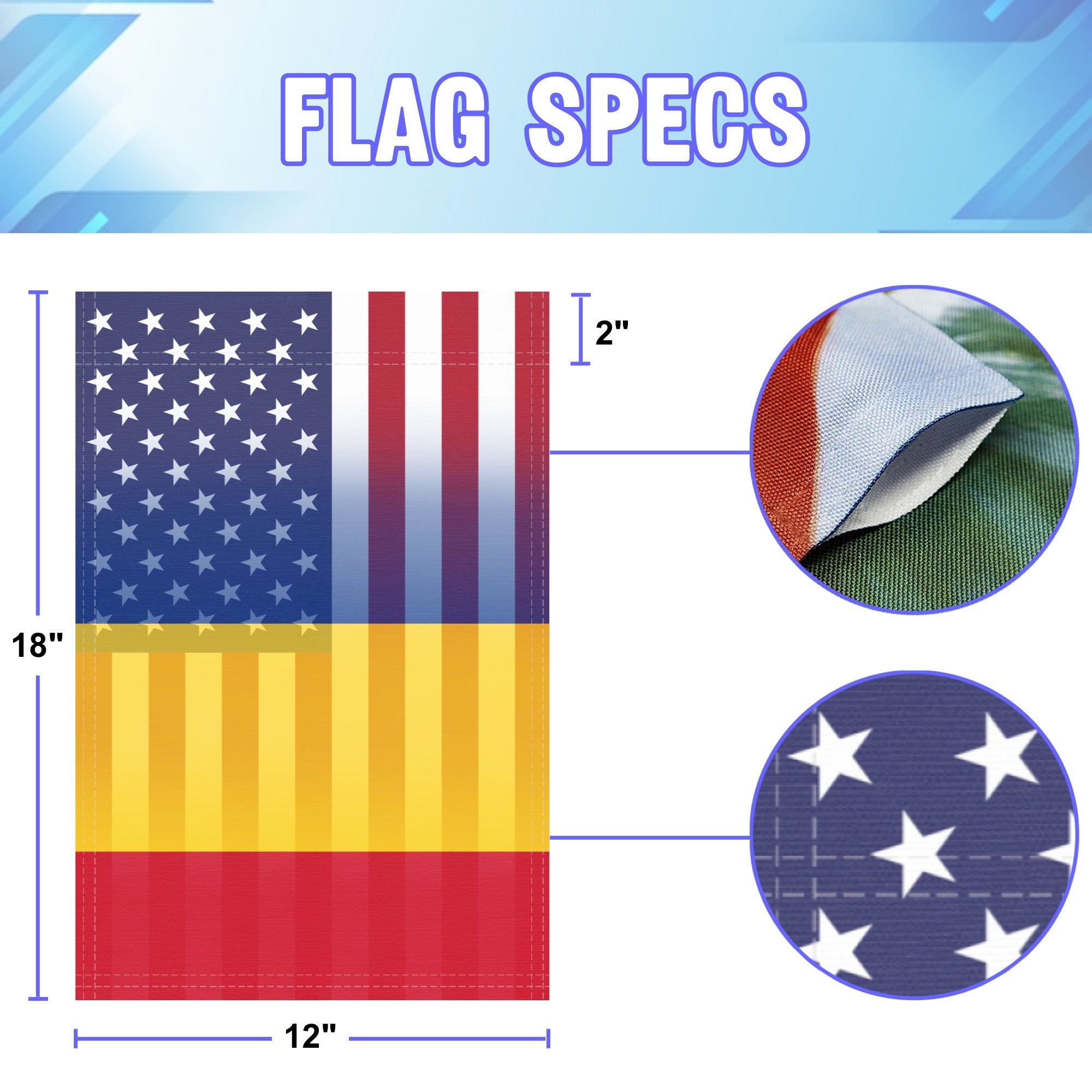 12 inch by 18 inch size specifications of a garden flag with the Romanian American flag design seamlessly blended with the American flag.