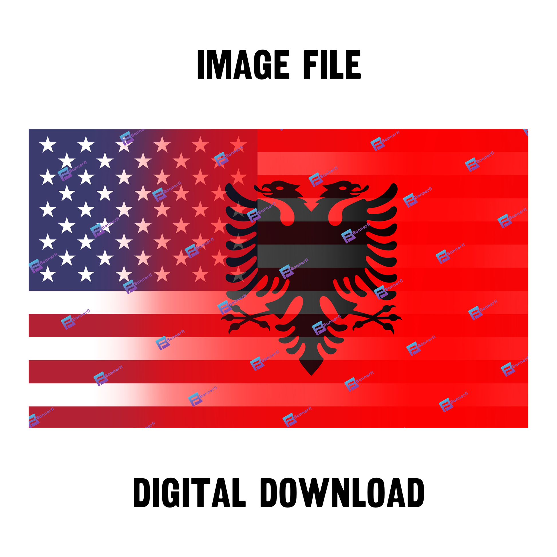 Digital download of a blended US and Albanian flag, merging American stars & stripes with Albanian’s colors. 