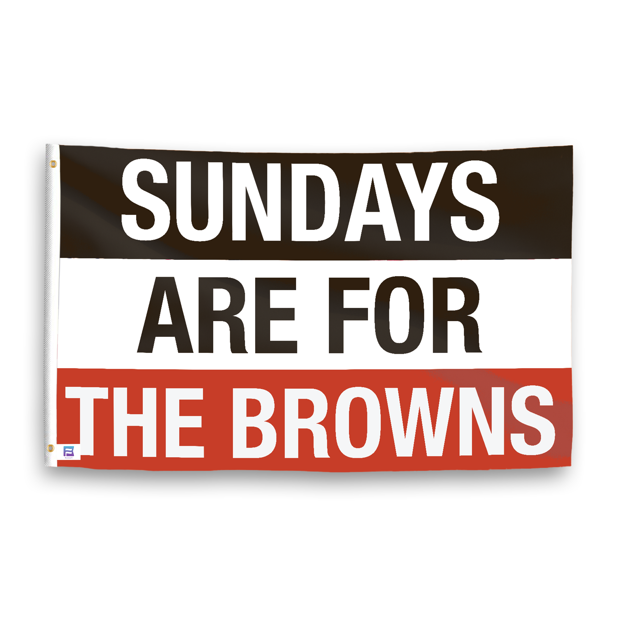 A flag with the saying "https://www.dropbox.com/scl/fi/2cla5de80npcx7j7lyebu/sundays-are-for-the-browns_ripple.png?rlkey=9w4x7d2bhkyyym2v3pl1tsw08&raw=1", with the sports team color scheme.