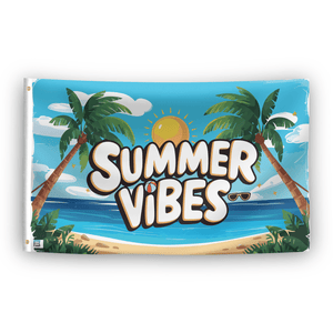 A rectangular flag with a beach and tropical design, featuring the text 'Summer Vibes' prominently displayed