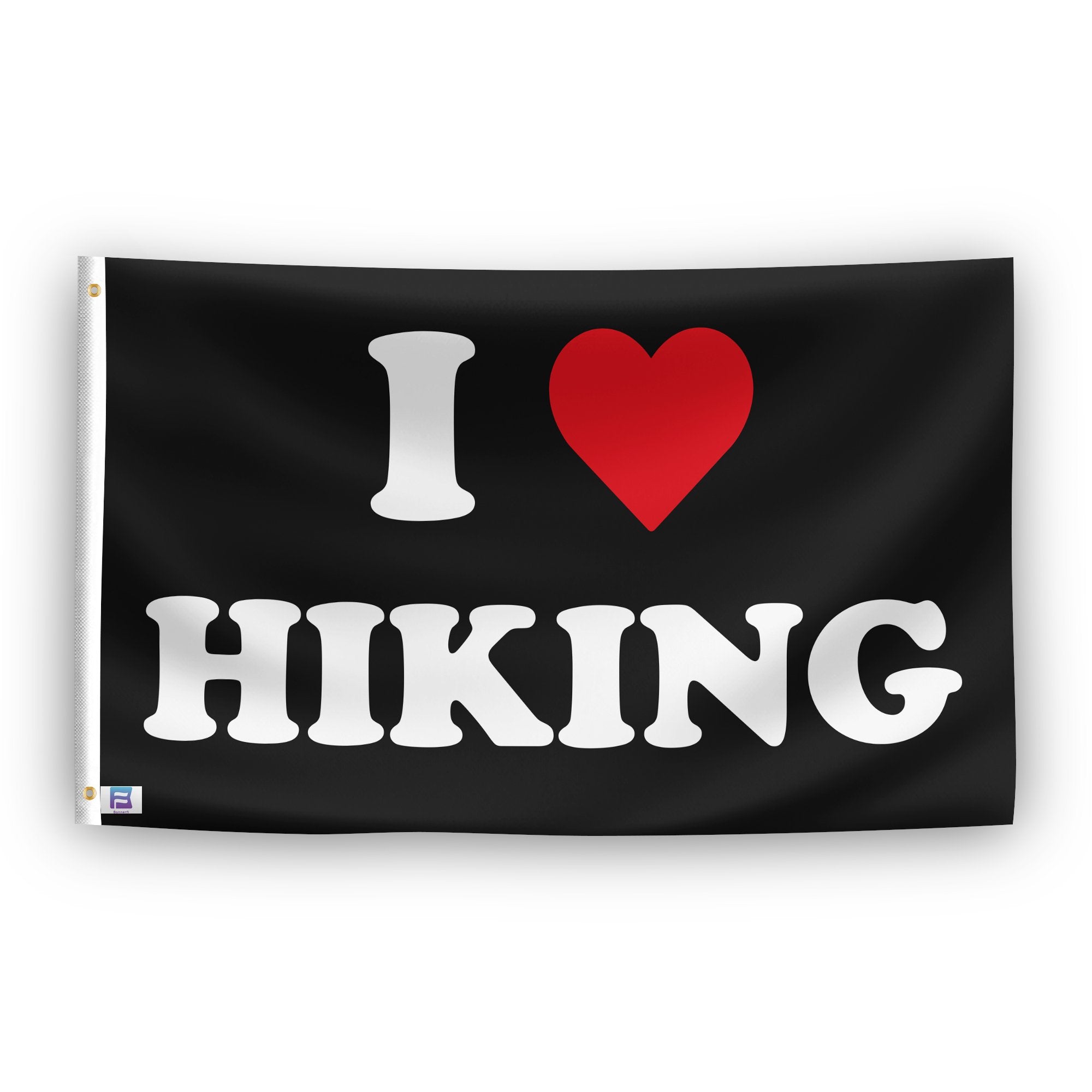 A flag with the saying "I Love Hiking", with a black, white and red color scheme.