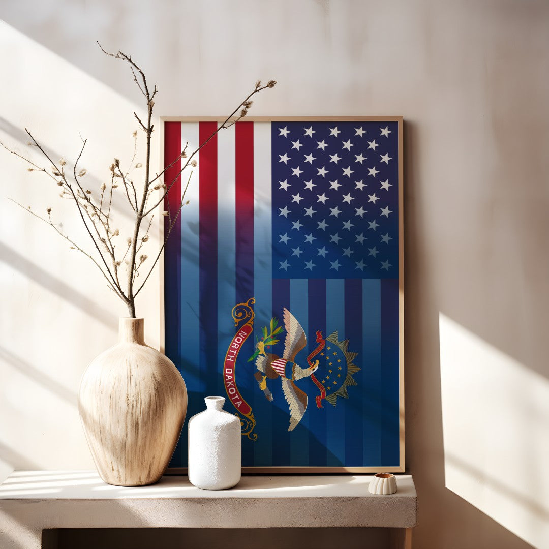 Blended US and North Dakota flag print in a wooden frame, showcasing American stars & stripes merged with North Dakota’s emblem, displayed on a tabletop.