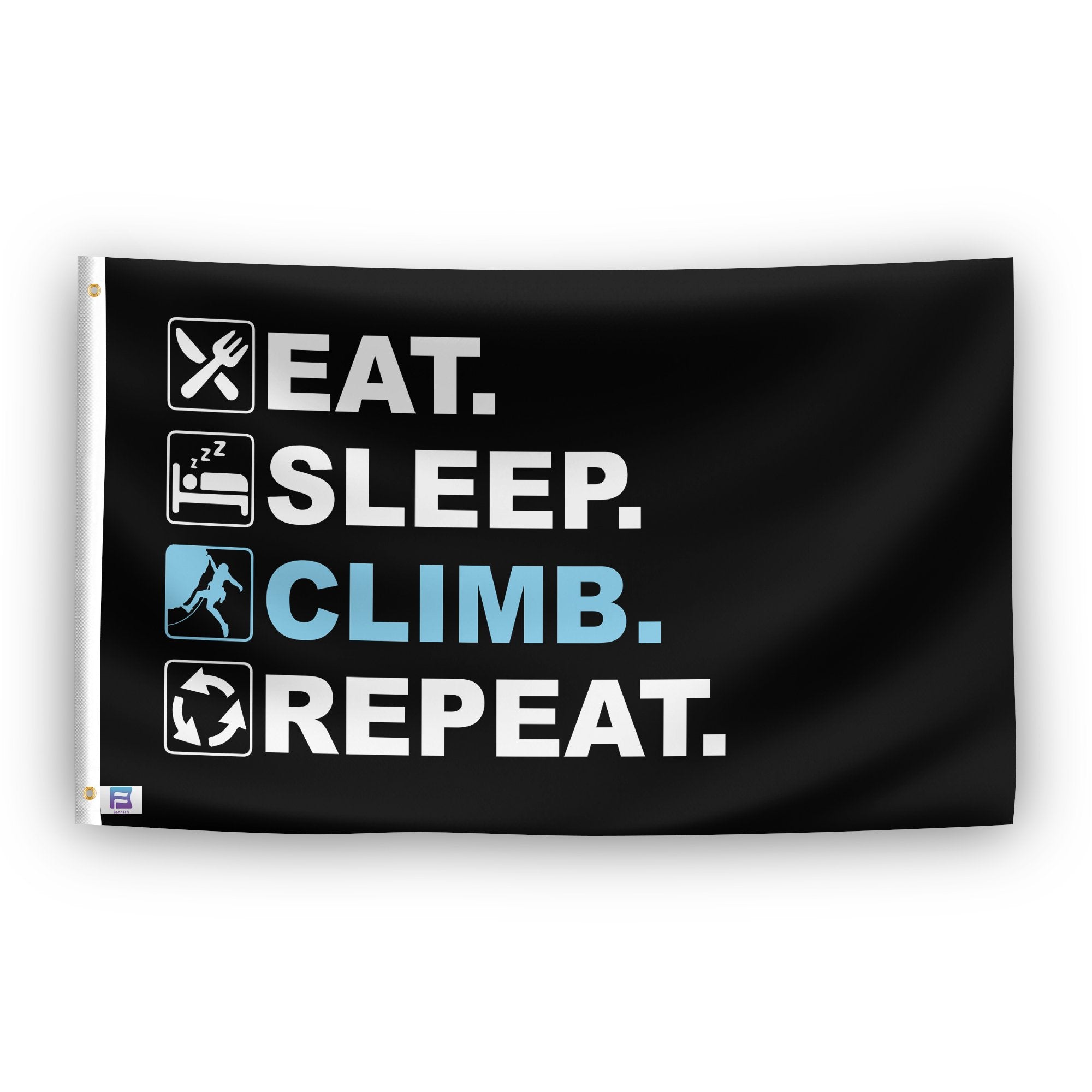 A flag with the saying "Eat Sleep Climb Repeat", with a black, white and themed color scheme.