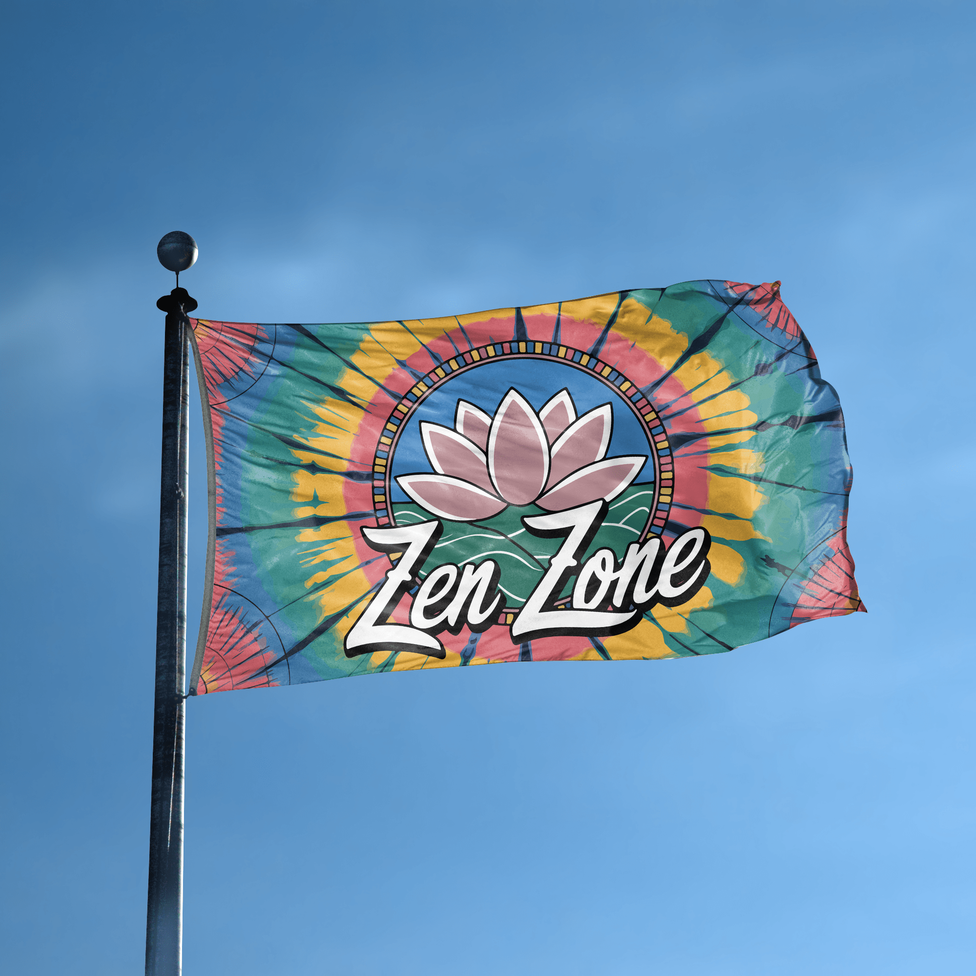 A flag with the saying "Zen Zone" displayed on a high pole, with a tie dye style color scheme.