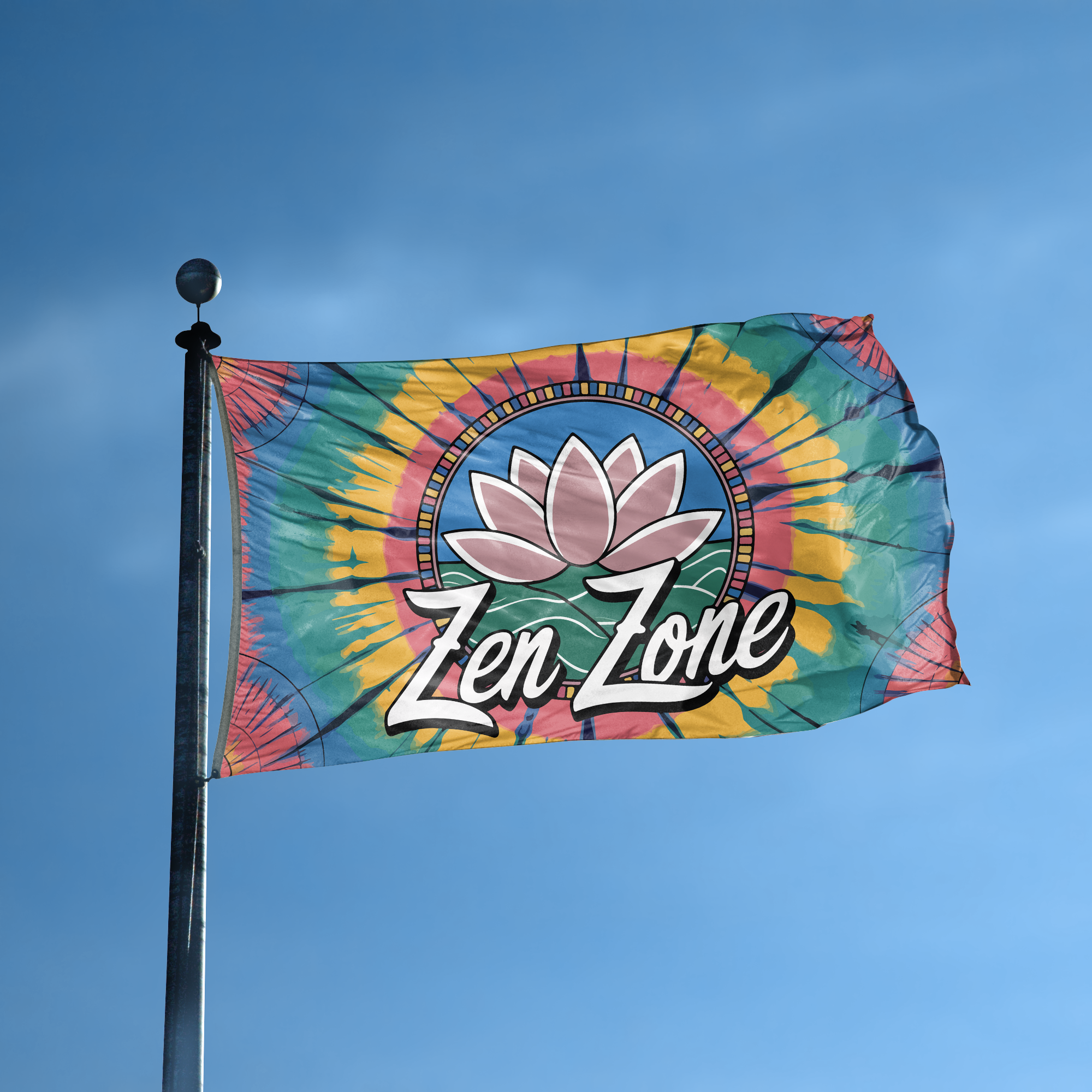 A flag with the saying "Zen Zone" displayed on a high pole, with a tie dye style color scheme.