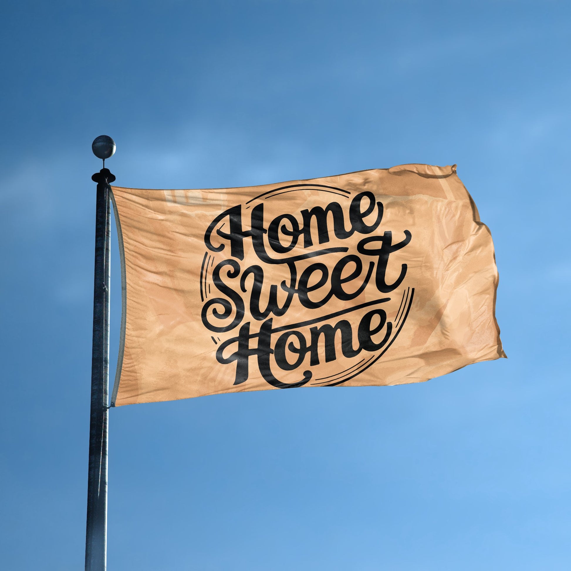 A flag with the saying "Home Sweet Home" displayed on a high pole, with a special occasion color scheme.