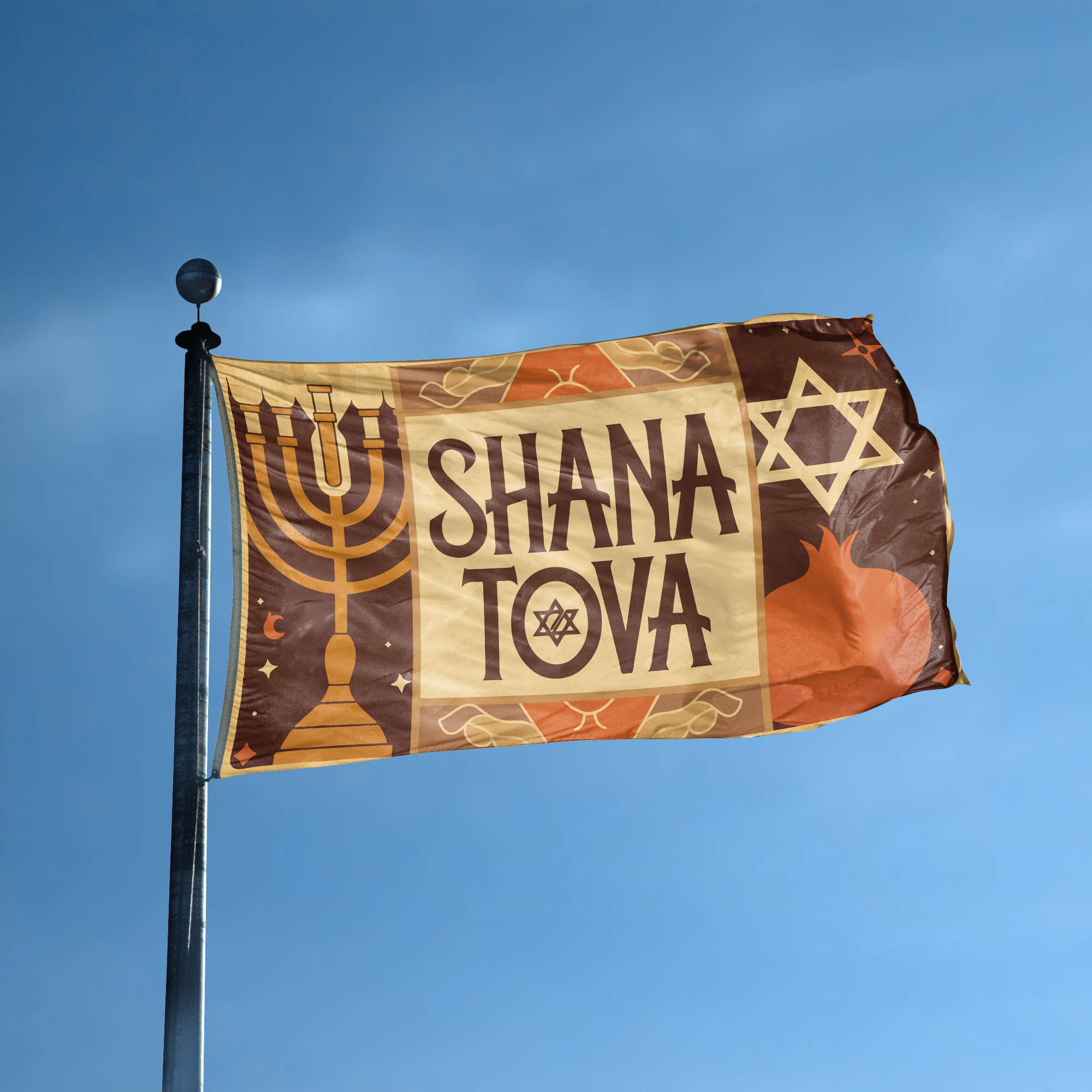 A flag with the saying "Shana Tova" displayed on a high pole, with a holiday themed color scheme.