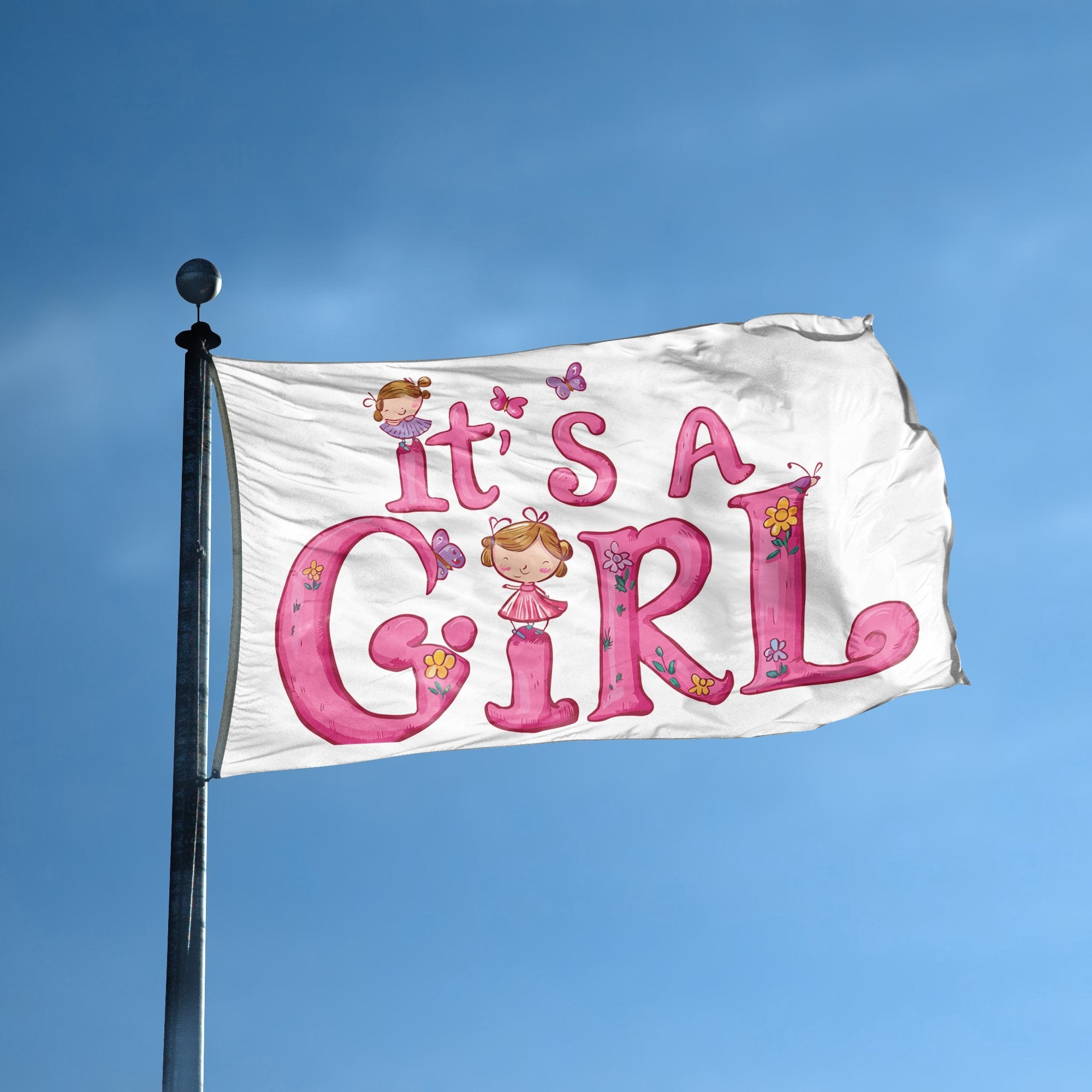 A flag with the saying "It's A Girl" displayed on a high pole, with a special occasion color scheme.