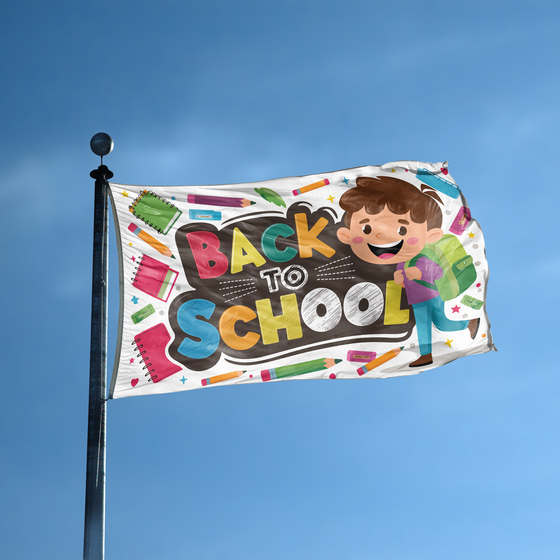 A flag with the saying "Back To School" displayed on a high pole, with a special occasion color scheme.