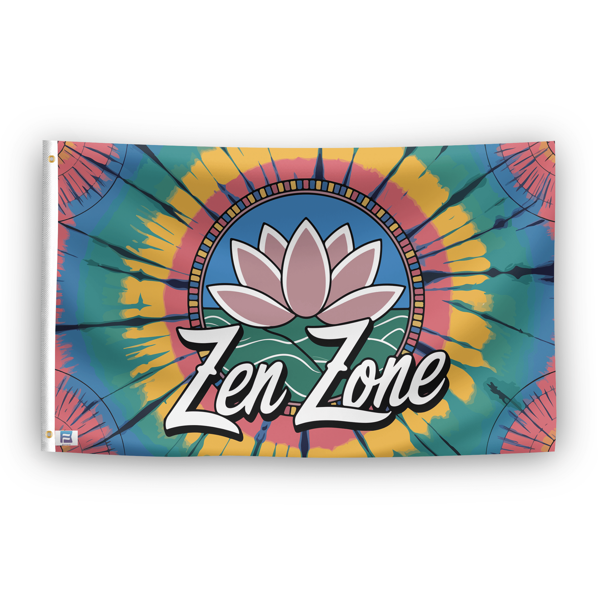 A flag with the saying "Zen Zone", with a tie dye style color scheme.