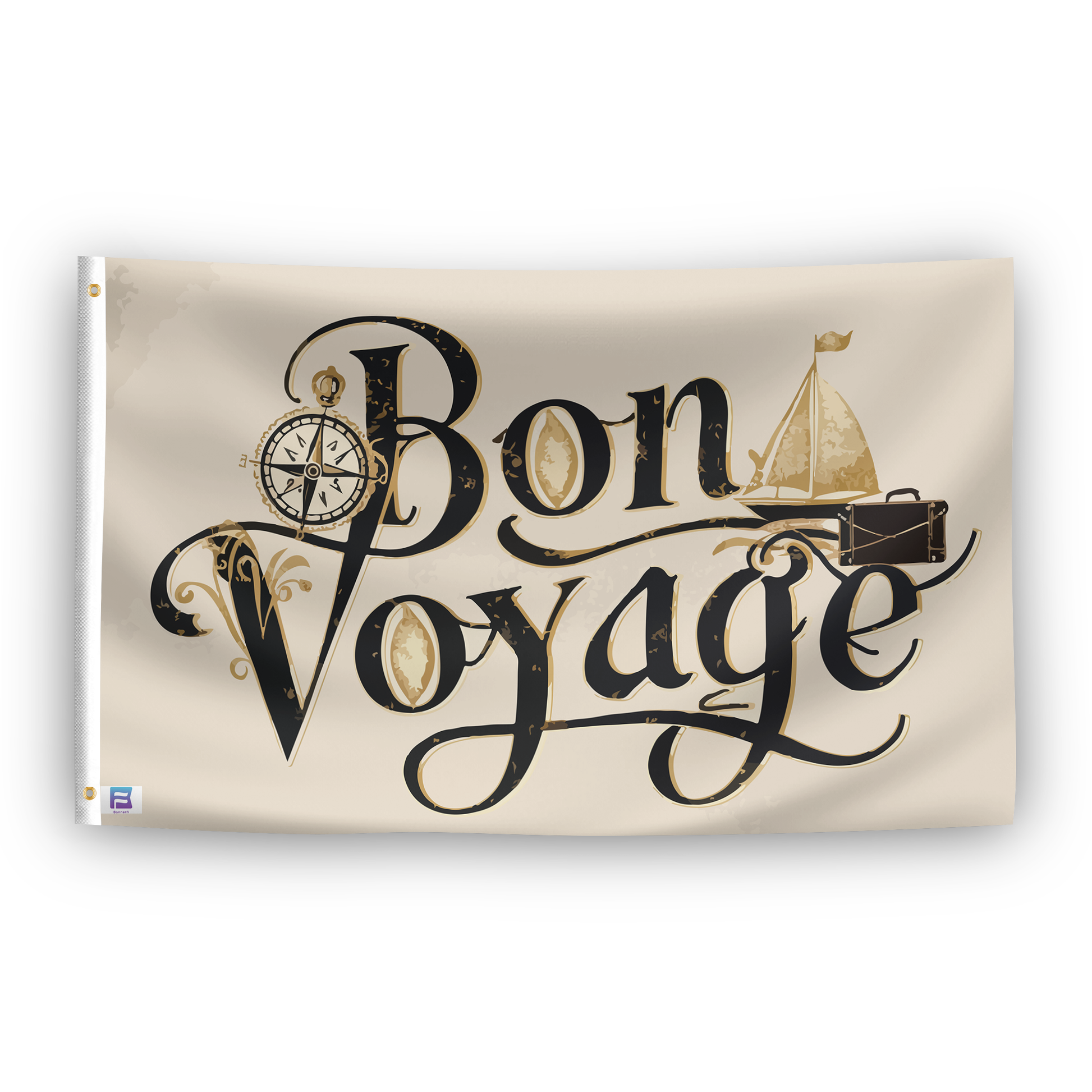 A flag with the saying "Bon Voyage", with a special occasion color scheme.