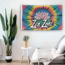 Load image into Gallery viewer, In a home setting, a flag with the saying &quot;Zen Zone&quot; is mounted on a white wall by a side table.
