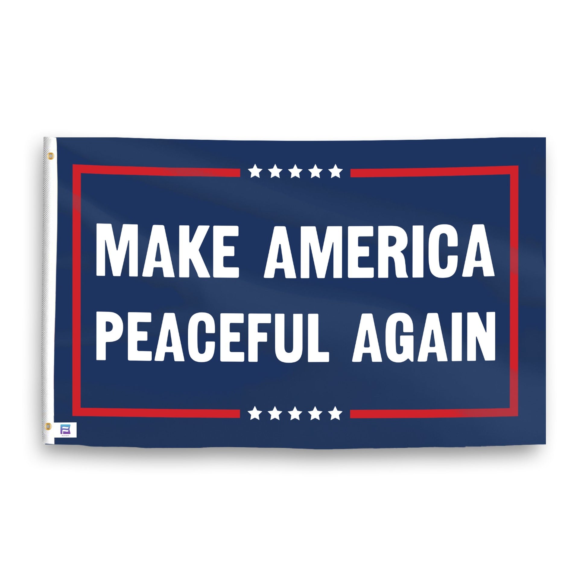 A political flag with the saying "https://www.dropbox.com/scl/fi/48zt4vngkwujv1q2mrhui/make-america-peaceful-again_ripple.png?rlkey=kbelqjo0bdgnjn232hye1fj6n&raw=1", with a red, white, and blue color scheme.