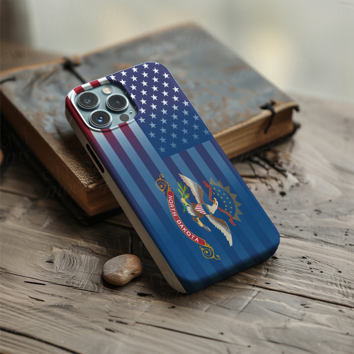 Digital download of a blended US and North Dakota flag on a phone case, merging American stars & stripes with North Dakota’s emblem.