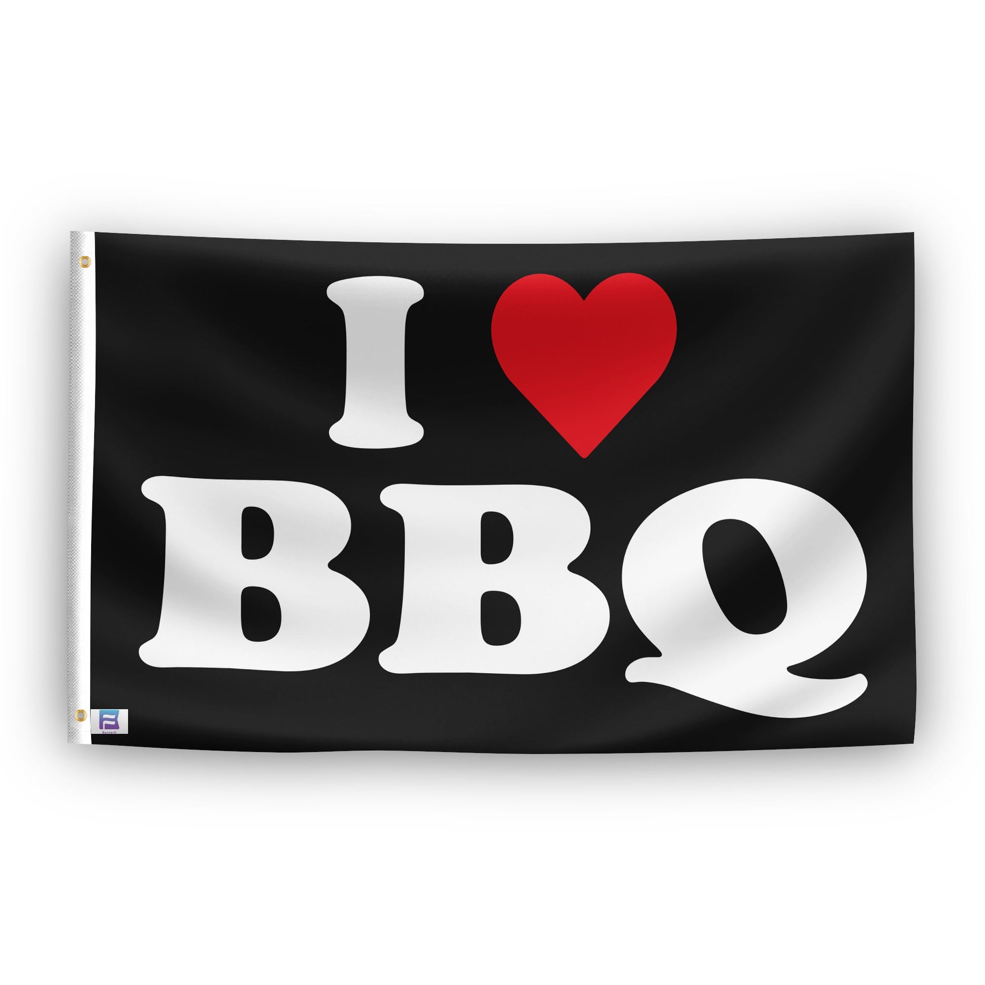 A flag with the saying "I Love BBQ", with a black, white and red color scheme.