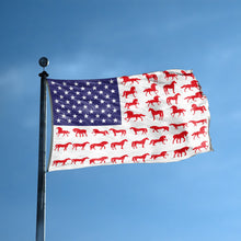 Load image into Gallery viewer, An american flag with the red stripes changed to match the theme &quot;Horse Stripes American&quot; displayed on a high pole.
