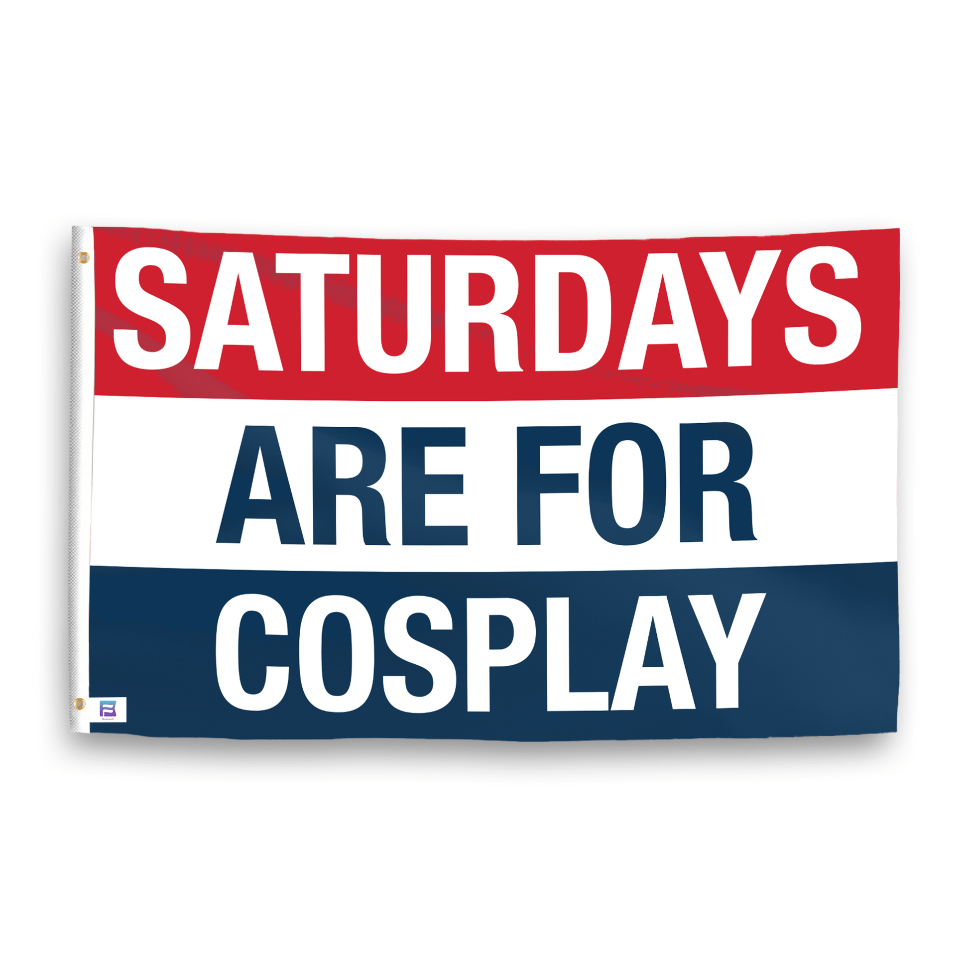 A flag with the saying "https://www.dropbox.com/scl/fi/38p42mc2es9e6r5aad234/saturdays-are-for-cosplay_ripple.png?rlkey=s8lbas4n55ew5o9cvuytimwzg&raw=1", with a red, white, and blue color scheme.