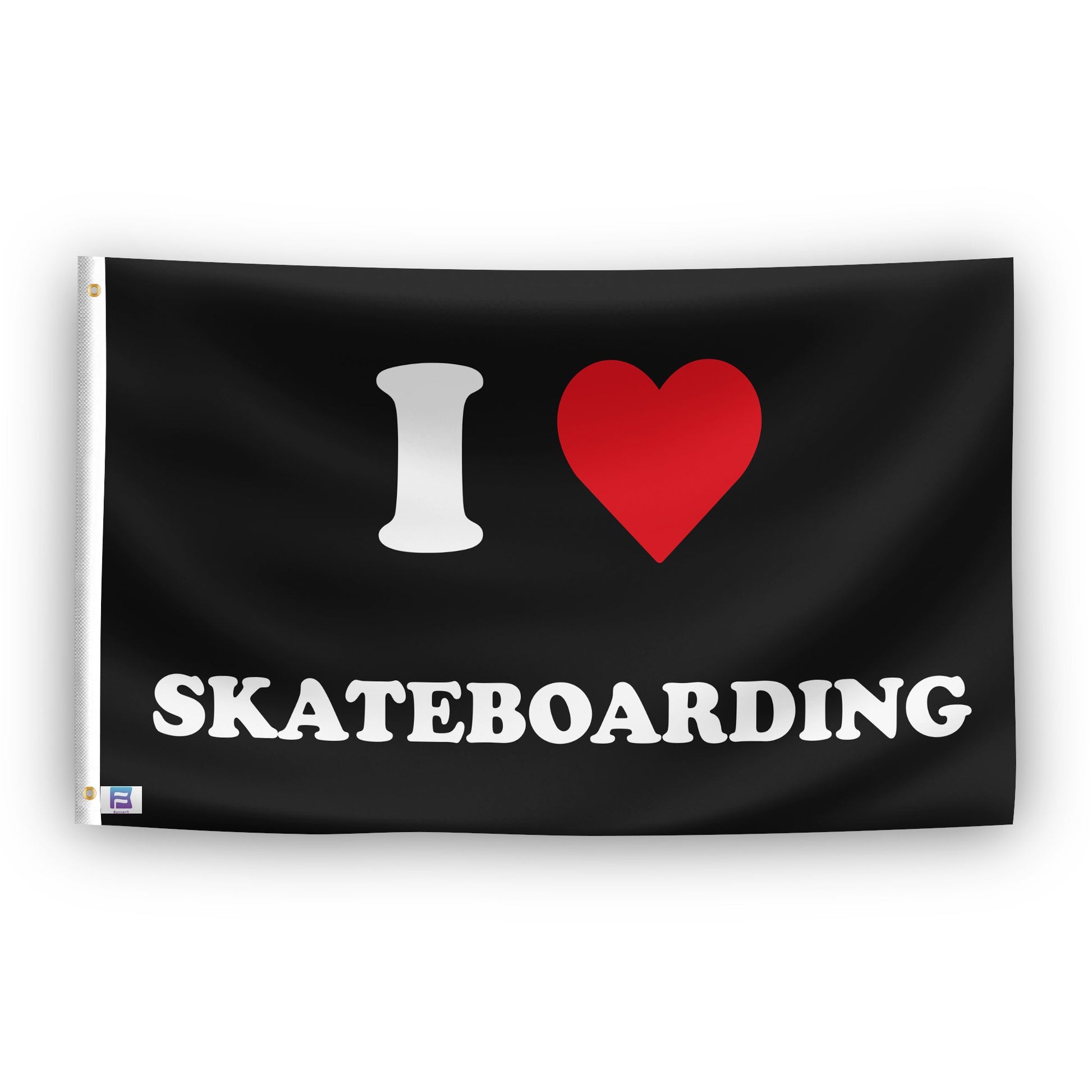 A flag with the saying "I Love Skateboarding", with a black, white and red color scheme.