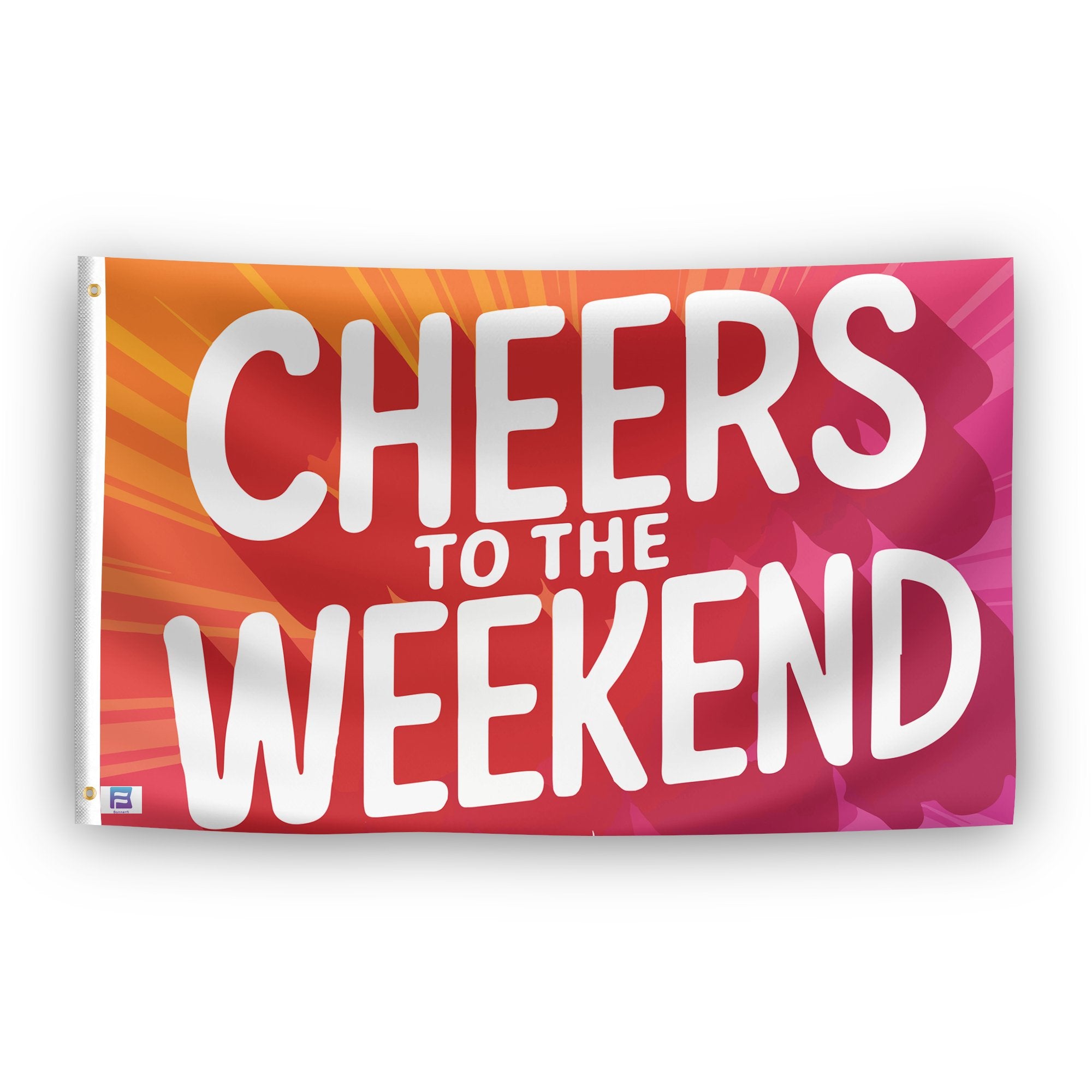 A flag with the saying "Cheers To The Weekend Celebration", with a special occasion color scheme.